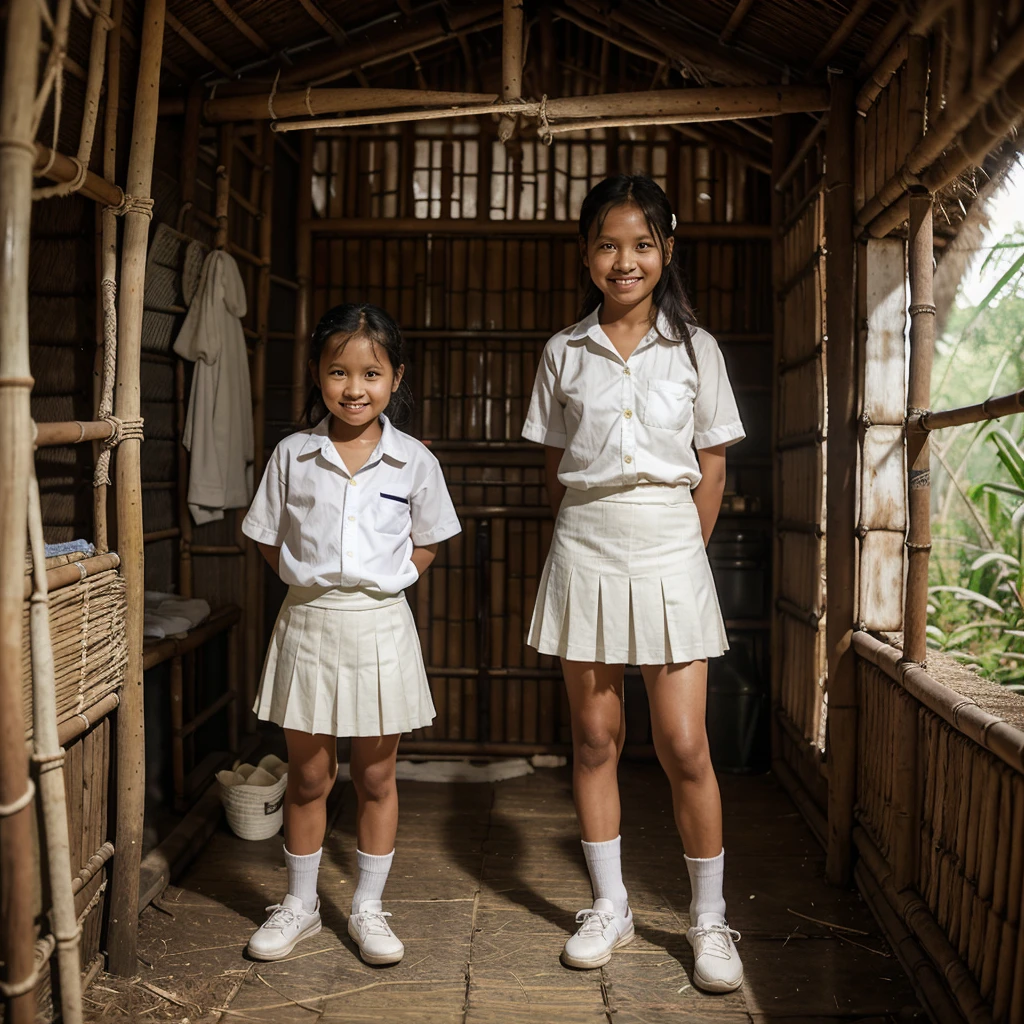 A Indonesian girl, villager, poor girl, wearing pocketed and button-up white shirt, wearing long white pleated skirt, wearing white socks, wearing black shoes, smiling and standing in the old bamboo cabin in a forest, look to the viewer with eye close, short body, full body