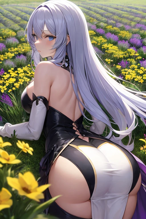 White woman, lavender hair blue eyes, long hair, big ass, in flower feild, m.i.l.f
