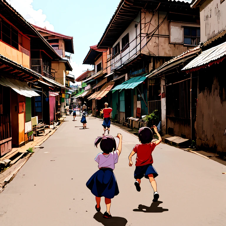 (scene: A bustling barangay with kids Playing in the back ground).