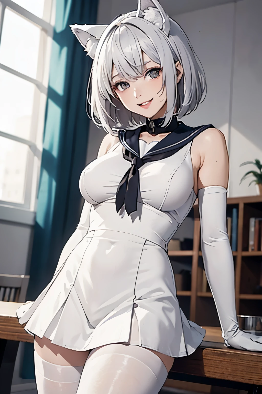 table top　High level image quality　best image quality　8K　 adult woman　whole body　portrait　pure white long gloves（elbow gloves）　Pure white pantyhose　sailor suit（sleeveless）　mini skirt　white wolf ears　short hair（（shortcut）（gray hair）（perm）（fluffy））　eye color is blue　attractive face（（laughter）（smile）（open your mouth））　I&#39;looking forward to it　sexy pose　hold the skirt　view from below