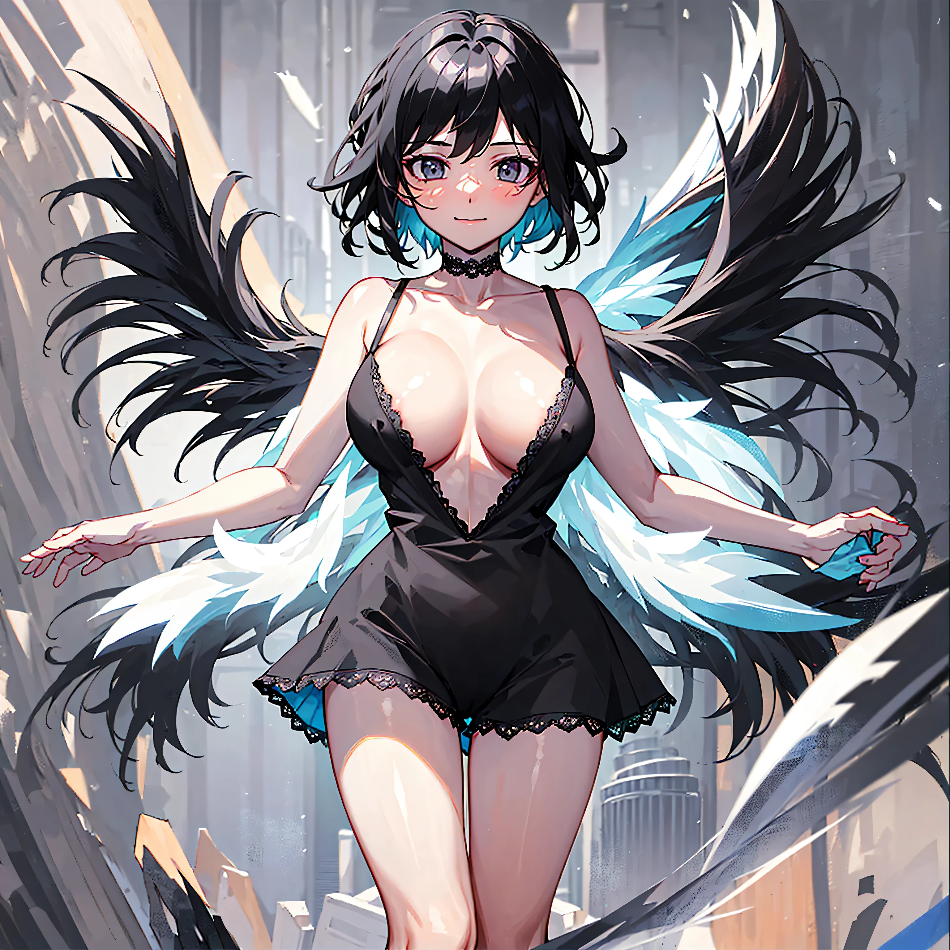 (1 seraphim girl standing on peak of frozen snowy mountain) higher than overcast, blowing frozen wind, (solo), swinging back, multiple wings, (she has 12 wings on her back), (6 white wings:1.5) and (6 black wings:1.5), BREAK, (wearing nothing without a lace trimmed sheer short black chemise:1.8), (black plunging neckline:1.2), shoulder straps, too short black skirt flapping by wind, stiletto heels, BREAK, (black short hair:1.3), sidelocks, black eyes, collarbone, (bouncing large perky breasts:1.2), (cleavage), inconceivably narrow waist, (bared skinny arms), (bared skinny long legs), thigh gap, tiptoe, BREAK, , nose blush, smile for viewer, open mouth, orgasm, BREAK, full body, (extremely detailed CG unity 8k wallpaper), (beautiful detailed), (ultra high resolution), (masterpiece:1.2), (best quality), (beautiful illustration)