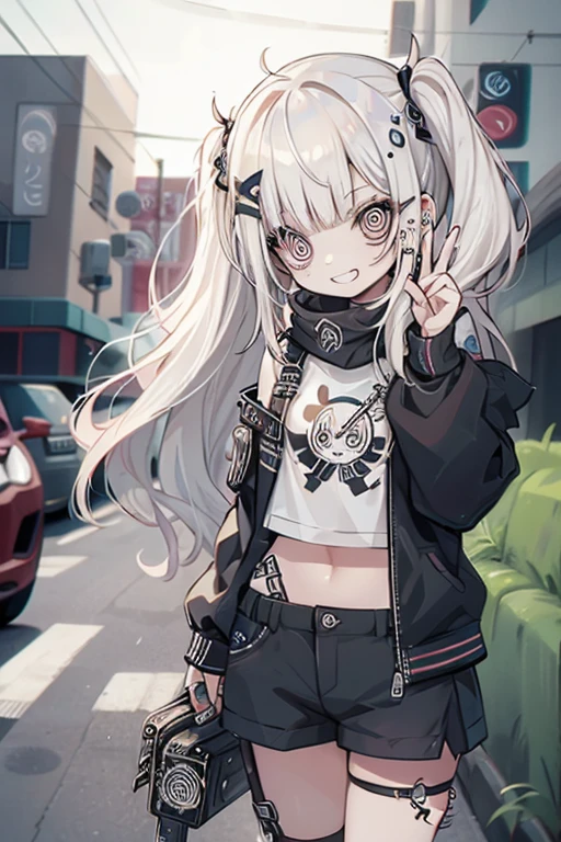 #Quality(8k,best quality,masterpiece,cinematic),solo,#1girl(cute, kawaii,,grin:1.4,hair floating,hair color blond,twin tail hair,pale skin,skin color blue,eyes are red,red eyes shining,big eyes,ripped clothes:1.4,tube top,hot pants,peace sign:1.4,bust shot:1.4,open stomach),#background(at night,blue shiny moon in the sky,outside,city,dark),draw hands correctly