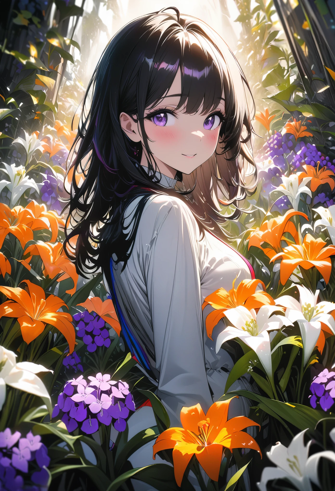 best quality, super fine, 16k, incredibly absurdres, extremely detailed, beautiful girl buried among white lilies of the valley, orange lilies, and purple violets, happy look, sunlight shining through, blend art, mixture art, design art