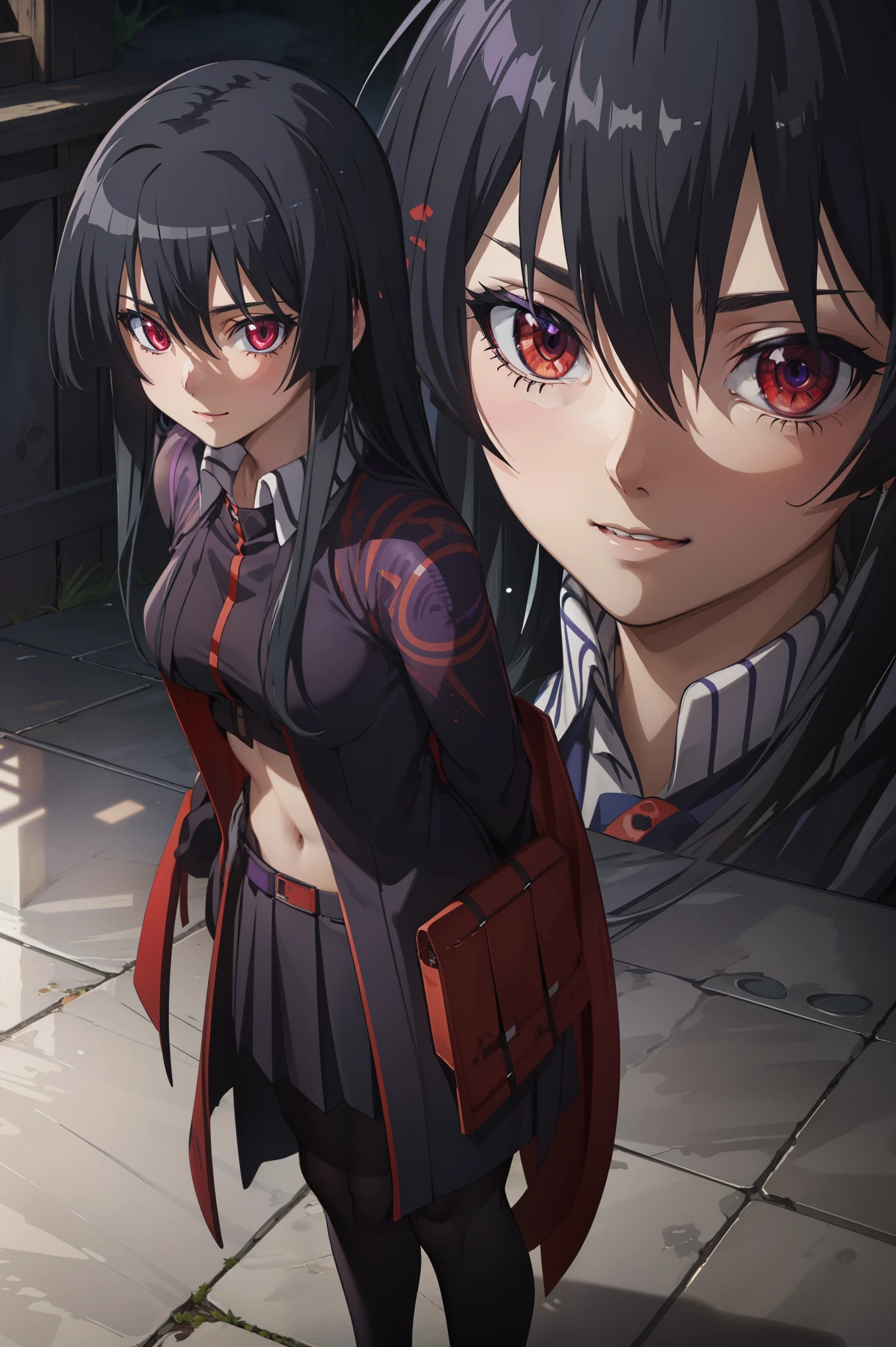 score_8_up, score_7_up, source_anime, Akame, 1girl, solo, black hair, long hair, (glowing red eyes:1.2),
BREAK (purple_clothes, ninja_clothes,navel:1.2),
BREAK full-length portrait,full entire body,arms behind back,cute smile,Front view,
BREAK (masterpiece:1.2), best quality, high resolution, unity 8k wallpaper, (illustration:0.8), (beautiful detailed eyes:1.6), extremely detailed face, perfect lighting, extremely detailed CG, (perfect hands, perfect anatomy),perfect face,