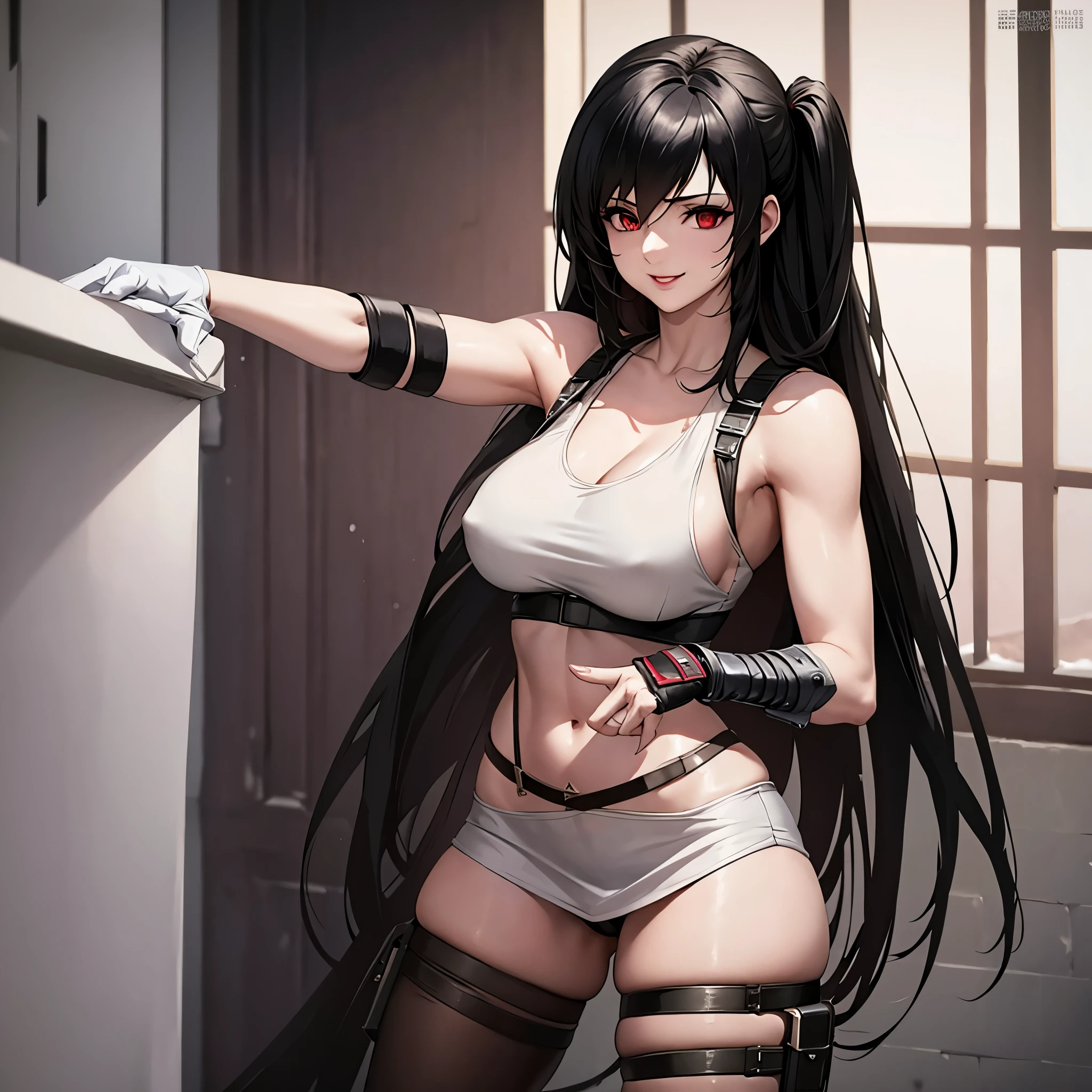 A woman wearing Tifa Lockhart's costume (Final fantasy 7 remake), tight sleeveless short white shirt, short black skirt, gloves, long black hair, red eyes, smiling, defined abdomen, large breasts, in a fighting stance, HDR, very detailed, ultra resolution, masterpiece. 8k hd.
