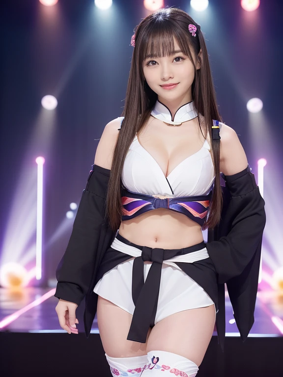 Raw photo、A girl stands on a large raised stage、big breasts、concert venue、singing and dancing)bright smile(17 year old girl、small face、very beautiful face、idol makeup)(((super fair skin、Whitening skin、pure white skin))) realistic skin(sparkling eyes)、big breasts、thin waist、long legs、big ass (brown hair、straight hair to shoulders、hair behind ears、beautiful hair、smooth hair)She performs a solo on stage(((Kunoichi、Ninja costume with detailed, beautiful and colorful patterns))))Ninja house background((The atmosphere is colorful concert lights,Upper Light、 Create a seductive glow around her))Her adorable look、
