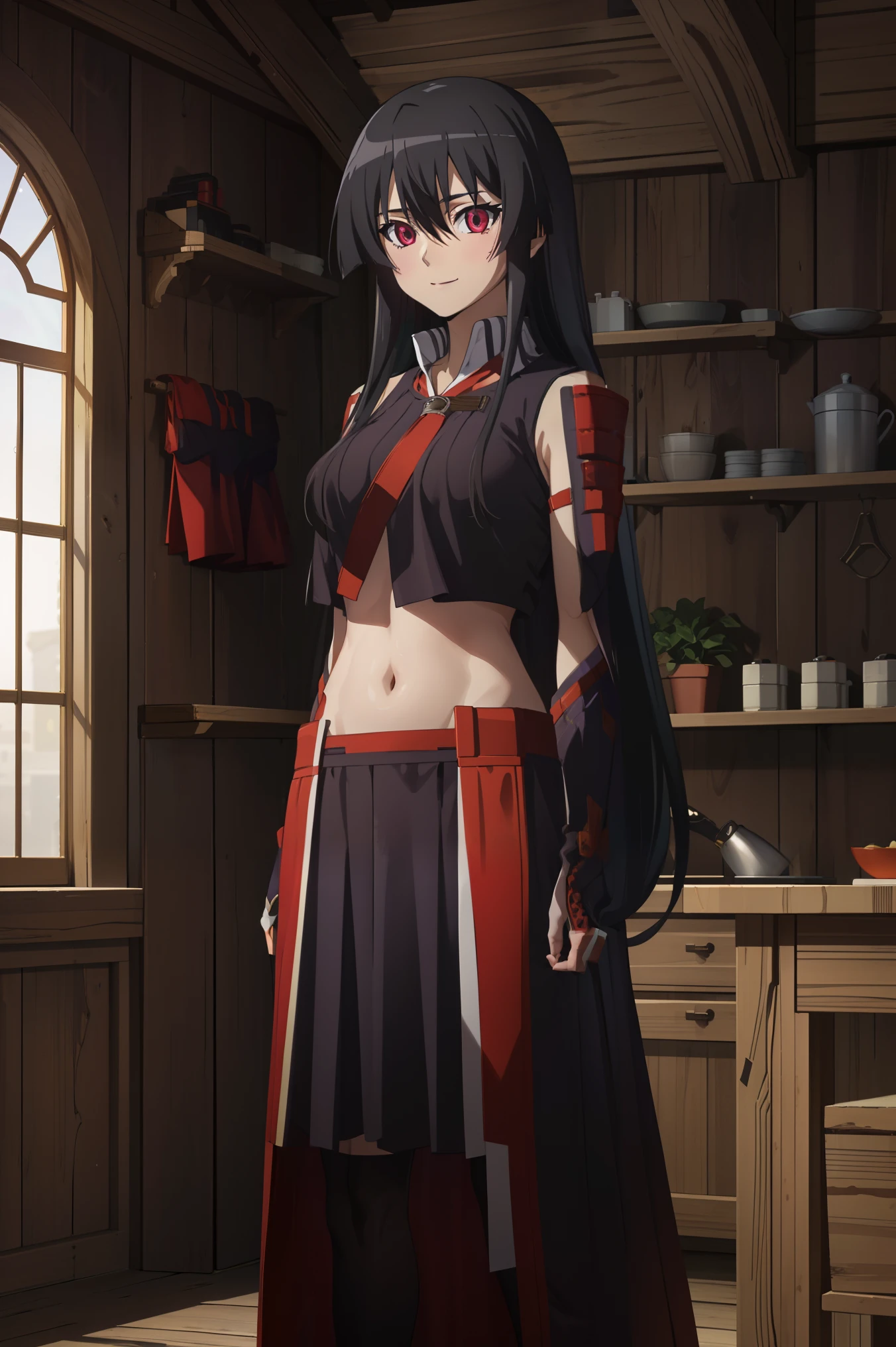 score_8_up, score_7_up, source_anime, Akame, 1girl, solo, black hair, long hair, (glowing red eyes:1.2),
BREAK (purple_clothes, ninja_clothes,navel:1.2),
BREAK full-length portrait,full entire body,arms behind back,cute smile,Front view,
BREAK (masterpiece:1.2), best quality, high resolution, unity 8k wallpaper, (illustration:0.8), (beautiful detailed eyes:1.6), extremely detailed face, perfect lighting, extremely detailed CG, (perfect hands, perfect anatomy),perfect face,