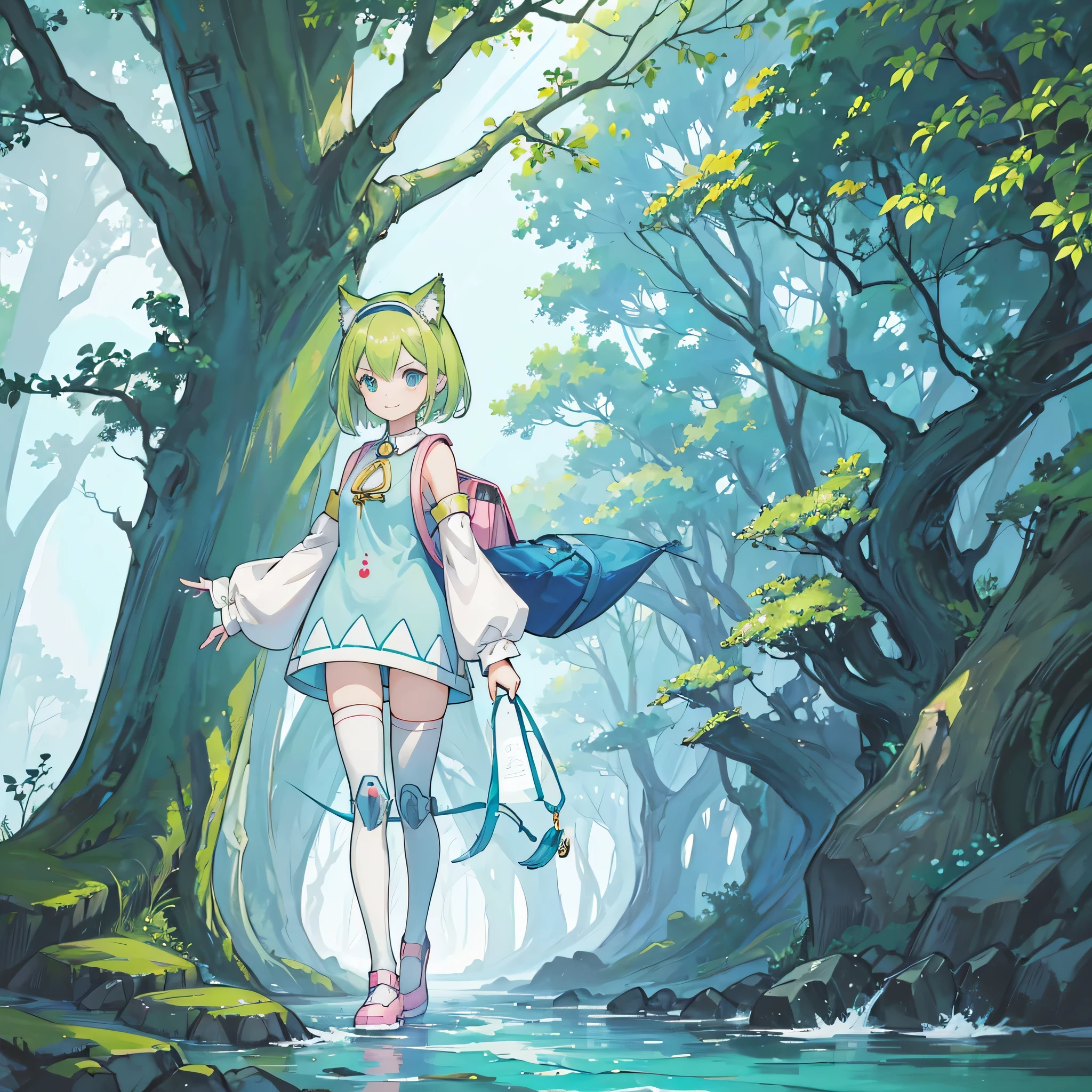 Deltamon, Light green short bob hair、Light green cat ears headband、Exposing shoulder skin、Mechanical legs、light blue tail、pink school bag、light blue dress、White armsleeves、light blue high socks、pink shoes、Triangular metal emblem on chest、Large pocket in the center of the abdomen,break, ((4k,masterpiece,highest quality)), Shuimobisim, traditional chinese ink painting, lotus, maxi kit, alone, smile, Are standing,break,dragon, madeon,(concentration line, speed lines:1.1)、our seeds,anime, fantasy, artwork, artwork, artwork, artwork, artwork, artwork, painting, painting, painting, painting, painting, painting, by ヤン・J, By Ryan Yee, by Li Zai,(tree,water,nature,sea and forest:1.5), (blue and green:1.4),(cyberpunk:1.3)