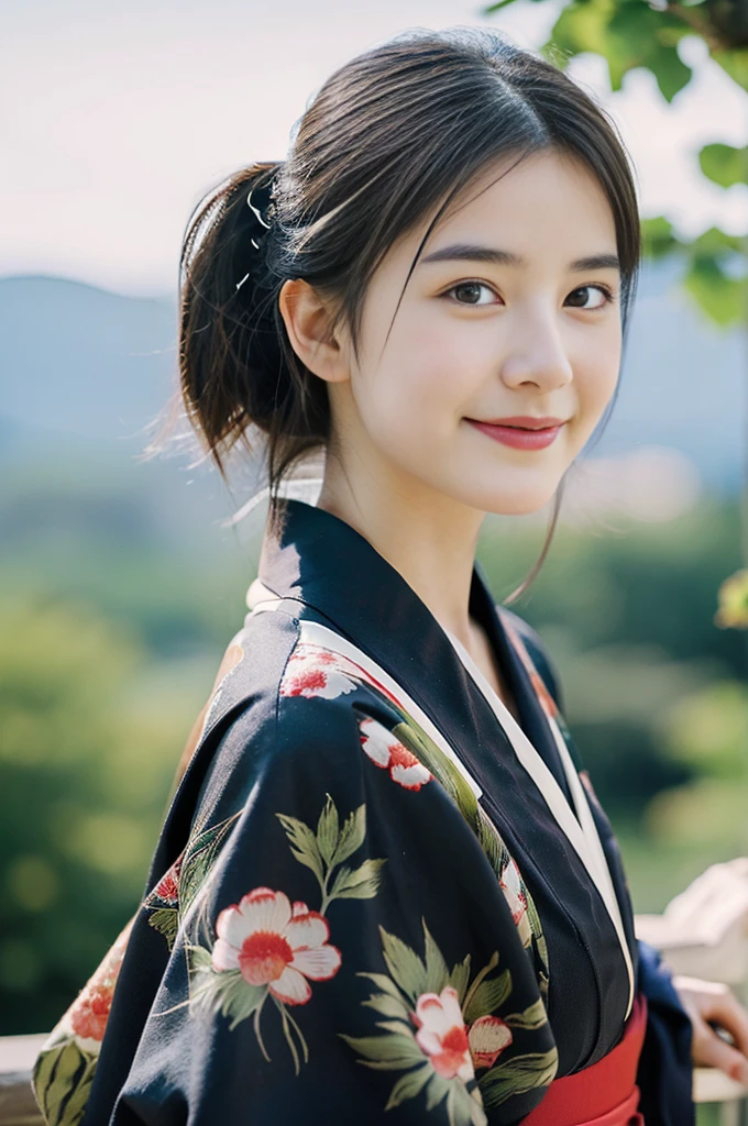 Beautiful half-faced woman,baby face、 japanese kimono,slim, highest quality, masterpiece, ultra high resolution, realistic, look at the horizon, smile、Kyoto scenery