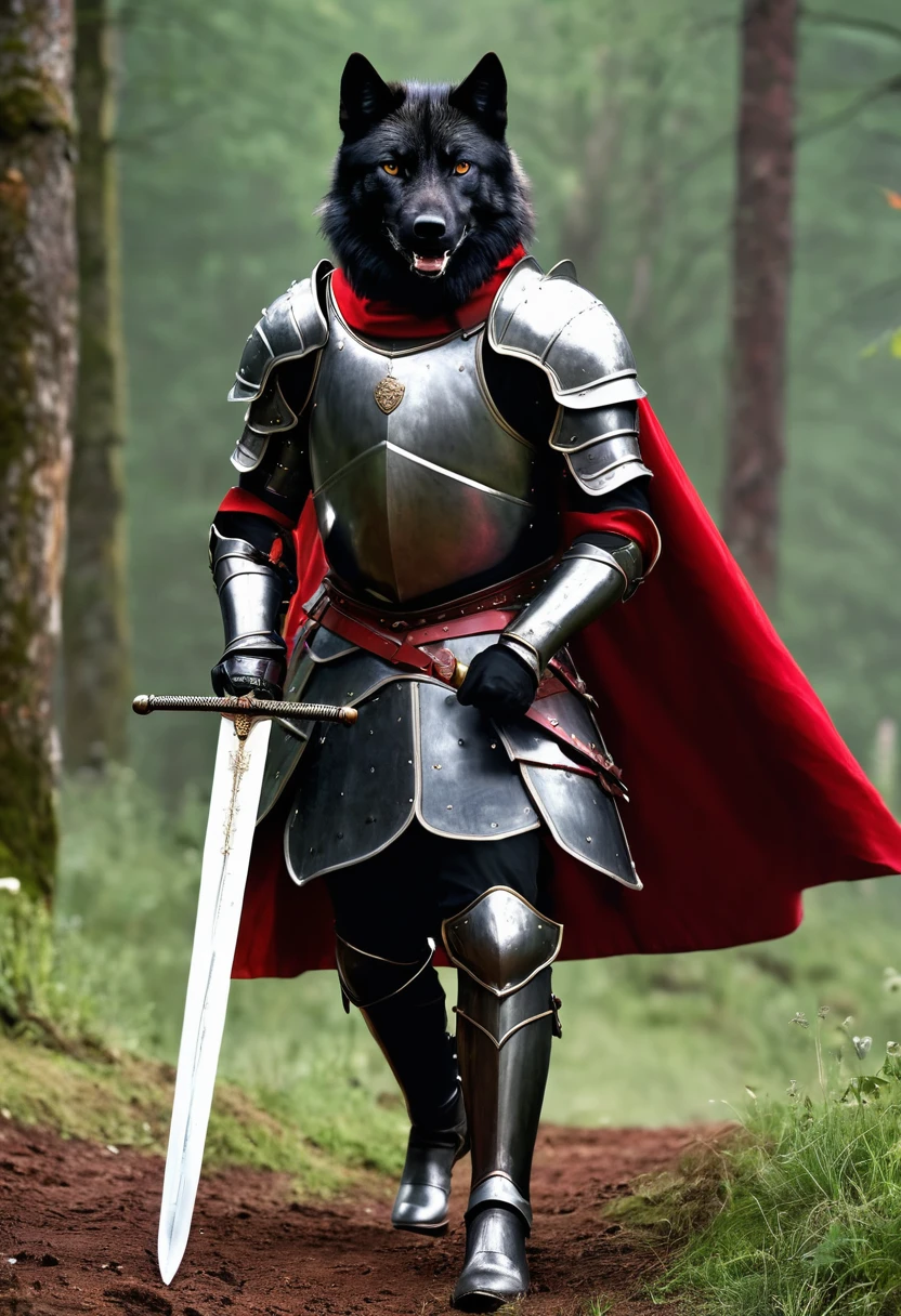 a black wolf in armor with a sword, showing full body, Elisha Cuthbert as an advertisement & champion, Poots Imogen D&paladin, knight, red armor, medieval knight, black and reddish colored armor, Wearing heavy armor with cape, Paladin image, 4k red armoured knight wielding a sword.