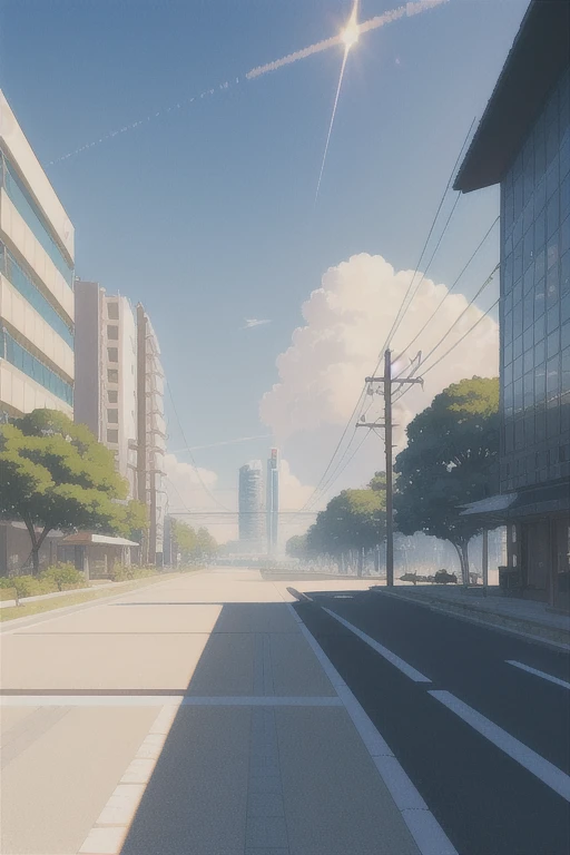 landscape, summer, sun, Tokyo, building, uninhabited, nobody, hot weather, blue sky, HD detail, ultra detail, film, hyperrealism, soft light, deep focus bokeh, ray tracing, gwise on pixiv art station, Makoto Shinkai, art germ