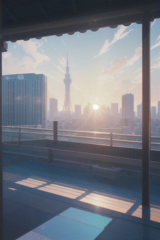 landscape, summer, sun, Tokyo, building, uninhabited, nobody, hot weather, blue sky, HD detail, ultra detail, film, hyperrealism, soft light, deep focus bokeh, ray tracing, gwise on pixiv art station, Makoto Shinkai, art germ