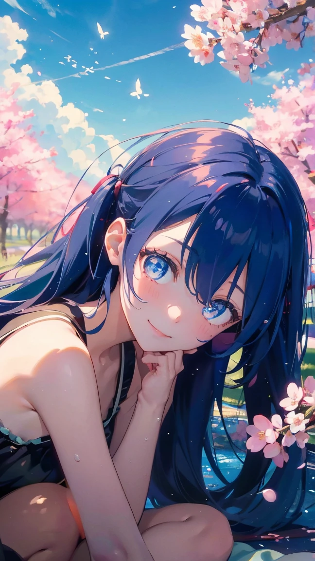1 anime girl, alone,Black petals flutter, A mysteriously shining butterfly.city,Hatsune Miku,bright blue hair,bright blue jewel eyes,twin tails,thin legs,very clear,highest quality,close up of face,Many cherry blossoms dance in the sky,beautiful blue sky,the middle of rows of cherry trees,lots of water droplets,Sleeping in the steppe,look up at the sky,barefoot,picnic,smile,Meluru