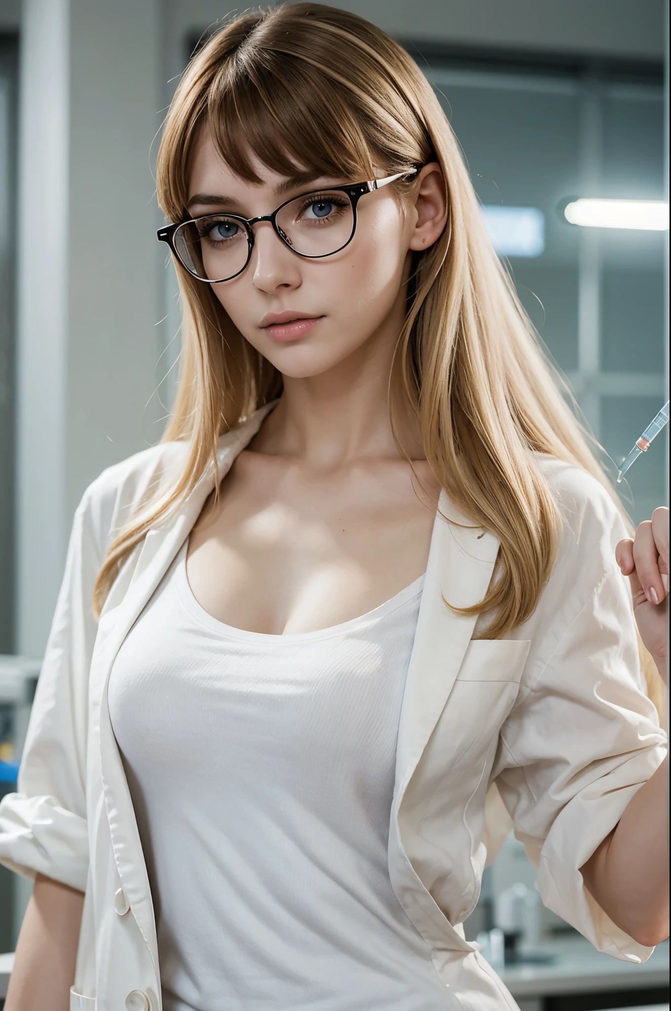 masterpiece, best quality, extremely detailed, hyperrealistic, photorealistic, a beautiful 20s french model, cosplay, glasses, white lab coat:1.1, t-shirt:1.1, laboratory background:1.1, graduate school, ultra detailed face, holding test tube:1.2, perfect hands, perfect fingers, with bangs, blonde hair, pale skin, busty breasts, melancholic:1.1