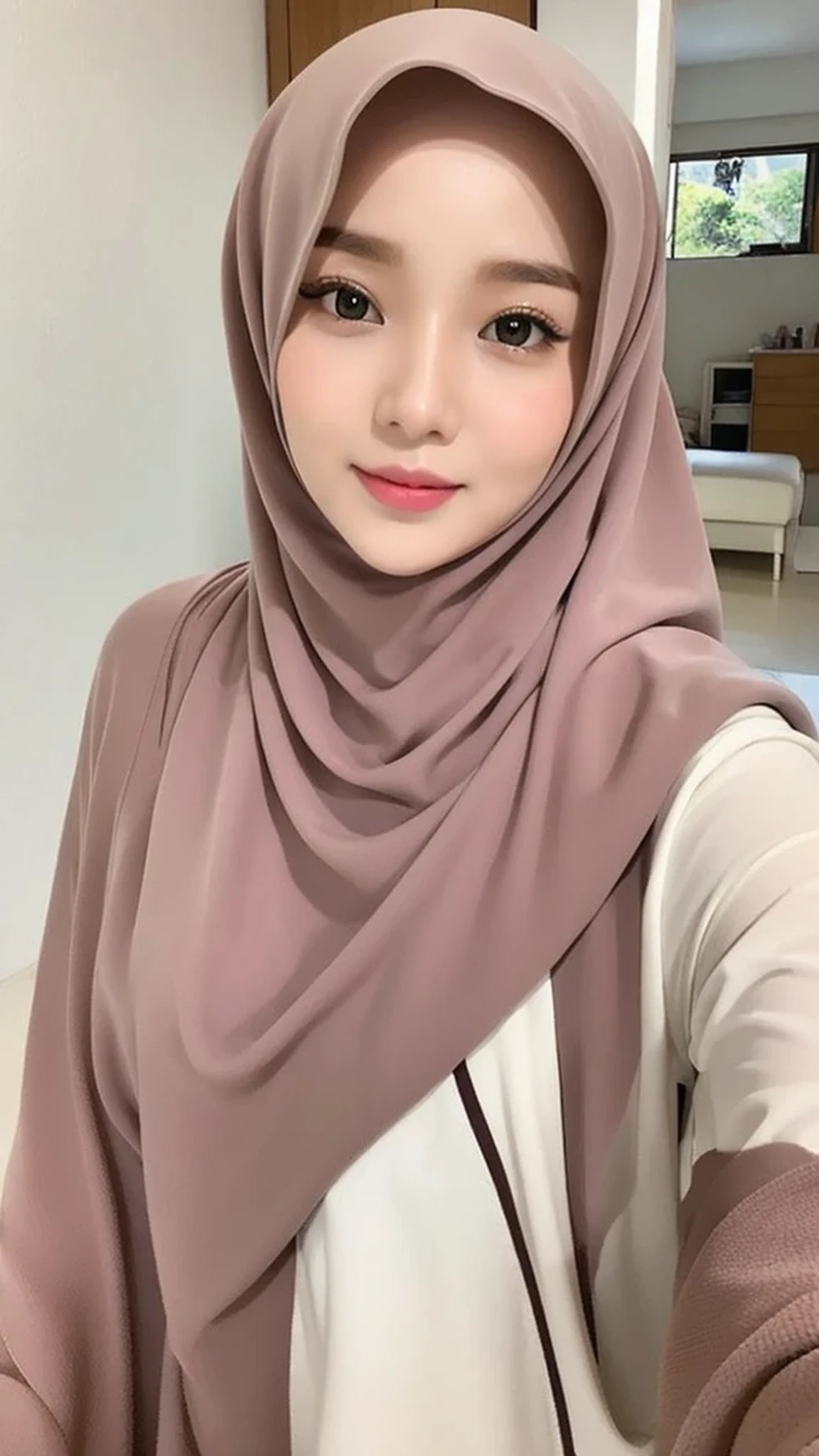 Realistic, ultra sharp, Beautuful Women、hijab, indonesian, a room、selfee、White Room、The face is cute、Vanrak Ayyans appears、1 girl, stylish