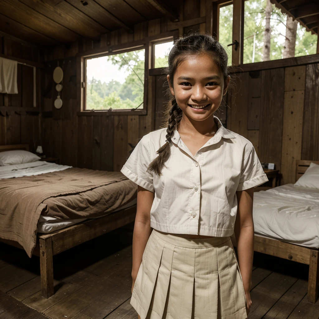 Realistic photo depicting 1 Indonesian girl, villager, poor girl, 9 , wearing white pocketed and button-up shirt, wearing white pleated skirt, smiling, tiny and skinny body, short body, braided hair, standing and smiling by the old wooden cabin in a dark forest, facing the camera, full body, making it very realistic and detail