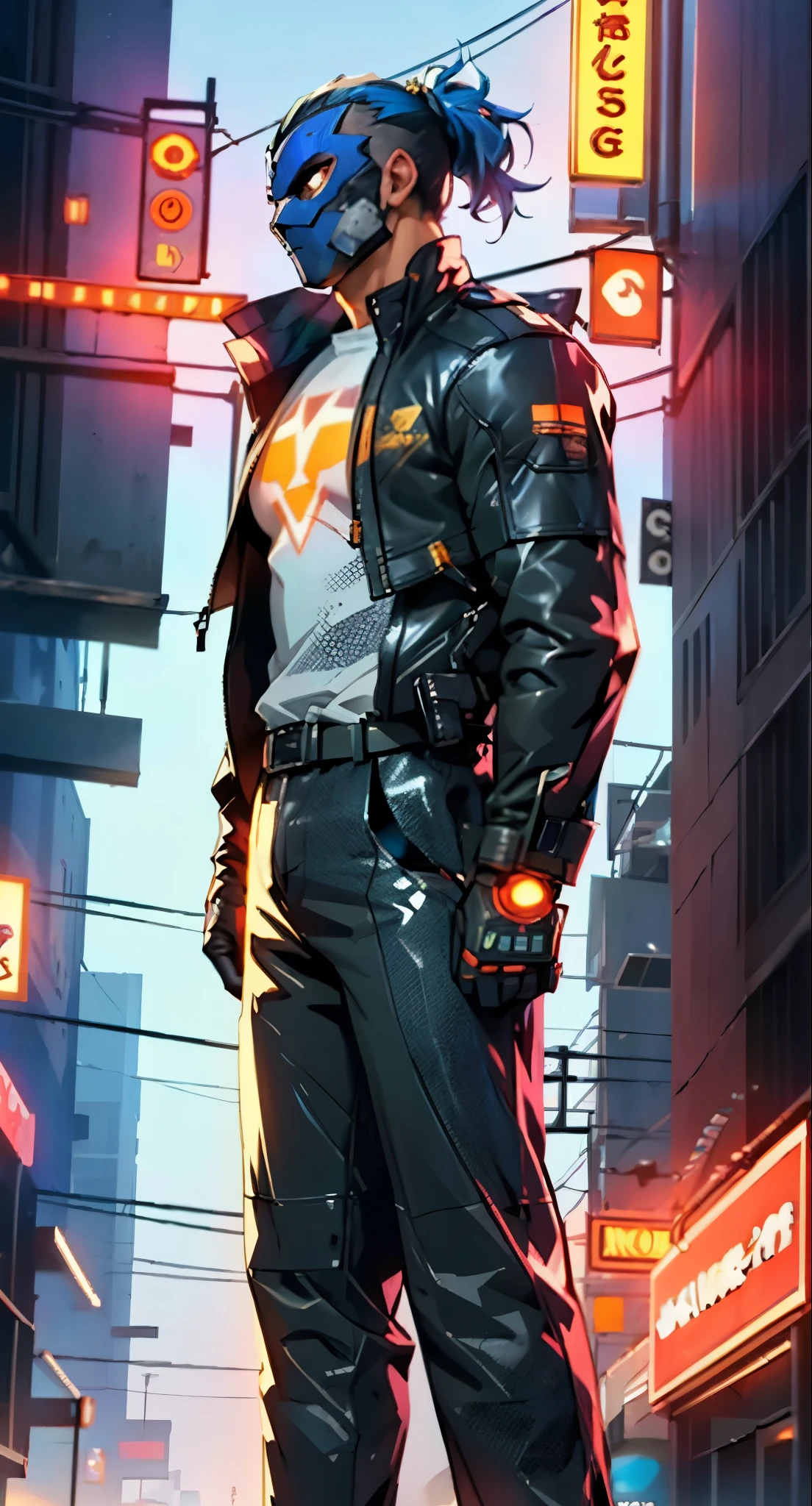 A man with blue hair tied in a ponytail, his face concealed by a falcon concept mask, stands tall and imposing, a futuristic sci-fi style short jacket, a dark bodysuit, matching trousers, a belt cinched at the waist, colorful gloves, he stands atop a futuristic high-rise, he surveys the city night view, this character embodies a finely crafted futuristic sci-fi style masked hero in anime style, exquisite and mature manga art style, high definition, best quality, highres, ultra-detailed, ultra-fine painting, extremely delicate, professional, perfect body proportions, golden ratio, anatomically correct, symmetrical face, extremely detailed eyes and face, high quality eyes, creativity, RAW photo, UHD, 32k, Natural light, cinematic lighting, masterpiece-anatomy-perfect, masterpiece:1.5