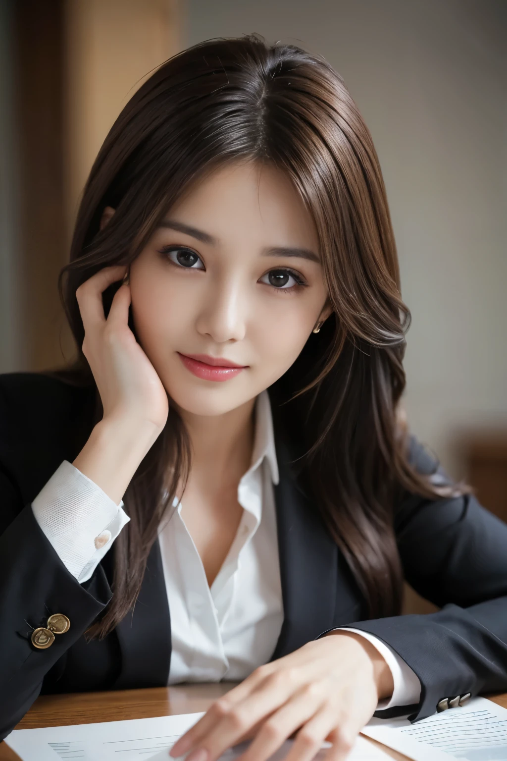 table top, highest quality, realistic, Super detailed, finely, High resolution, 8k wallpaper, 1 beautiful woman,, light brown messy hair, wearing a business suit, sharp focus, perfect dynamic composition, beautiful and detailed eyes, thin hair, Detailed realistic skin texture, smile, close-up portrait, model body shape