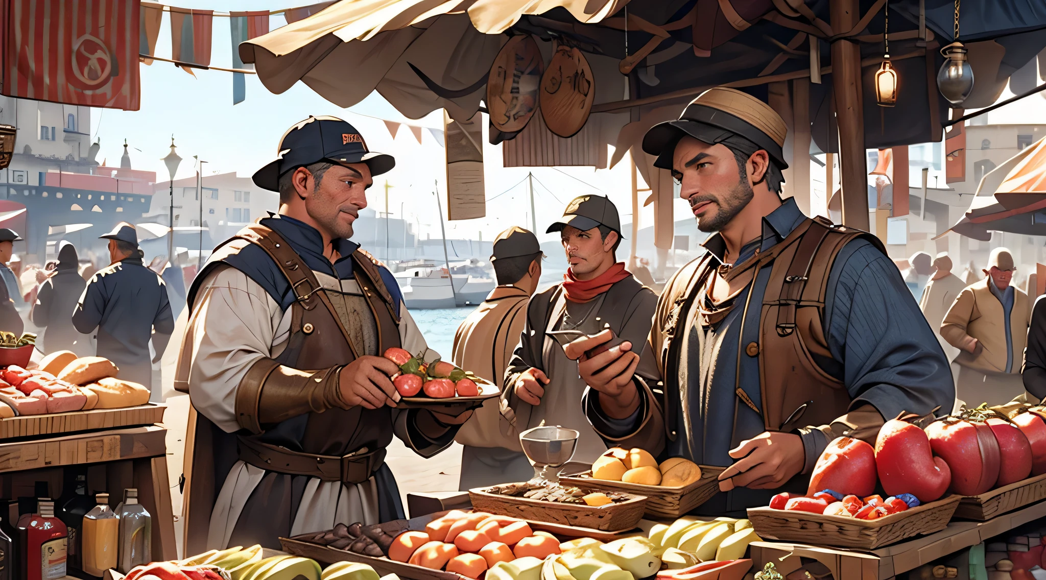 the market atmosphere at the port, traders and fishermen mingling with each other, the atmosphere during the day, the bustling atmosphere of the port market. medieval fantasy the e