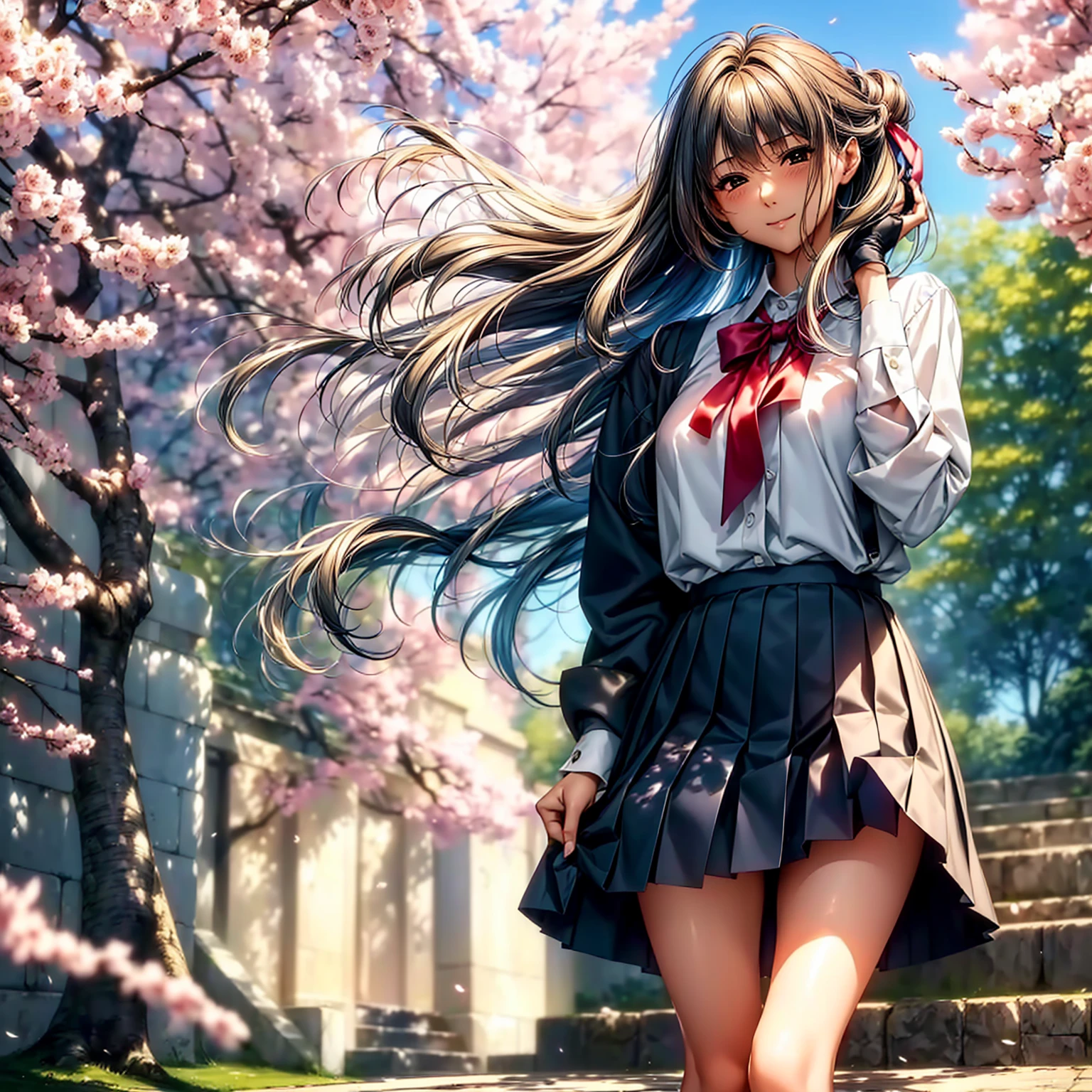(((highest quality、masterpiece、very high resolution、High-definition images)))、beauty painting、One strong-willed beautiful girl:18-year-old、beautiful body:Slender Beautiful Breasts、beautiful face:smile、eyes with strong will,beautiful hair:various hairstyles 、(best skin and hair texture)、((high school uniform:blouse:ribbon:blazer:pleated skirt、beautiful legs))、beautiful park、beautiful cherry blossoms、stone steps、beautiful sky、Natural light、beautiful scenery、beautiful pose、model shoot、(((The wind blows and flips my skirt:Panties are exposed))),She turns her back and looks back,she sticks out her butt,Angle looking up from below,I can see inside the skirt(((I can see your panties))),accurate image:1.5、accurate anatomy:1.5、Image without defects、perfect image、Overall image、(best shot、Raw photo: 1.2)