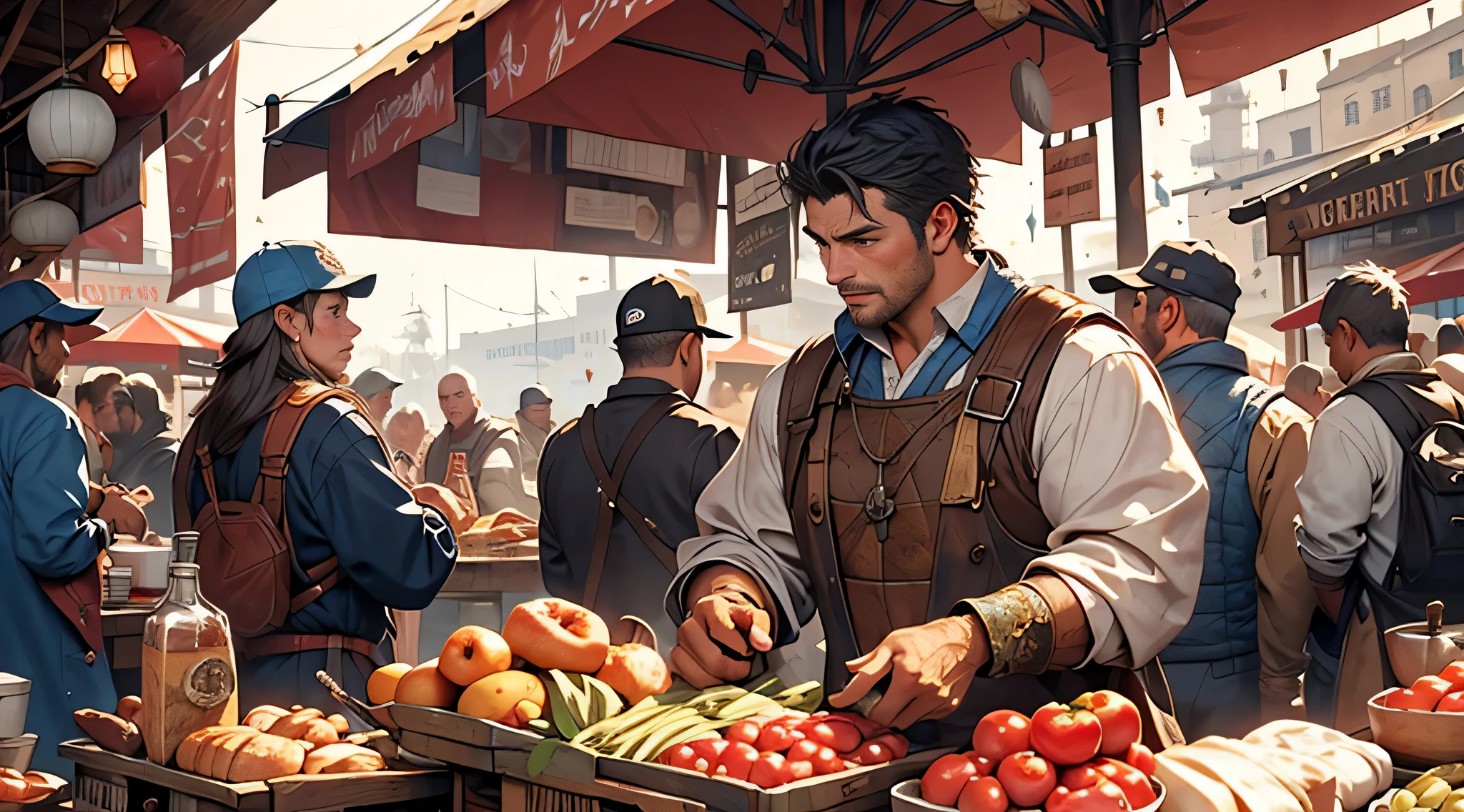 the market atmosphere at the port, traders and fishermen mingling with each other, the atmosphere during the day, the bustling atmosphere of the port market. medieval fantasy the e