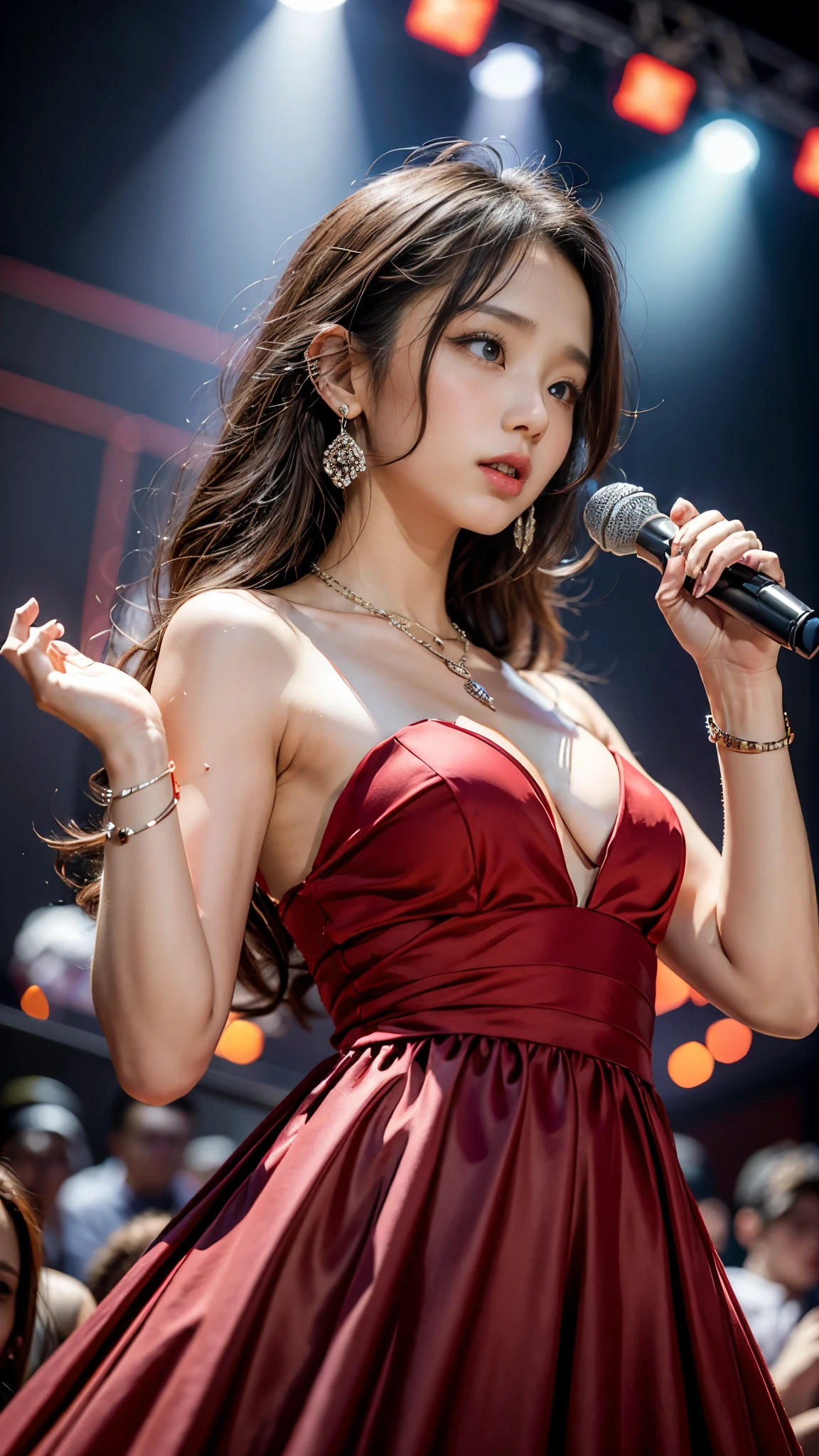 (RAW shooting, Photoreal:1.5, 8K, highest quality, masterpiece, ultra high resolution), Highly detailed skin and facial textures:1.3, perfect dynamic composition:1.2, (expression of sadness:1.0, Tears are flowing:1.0), 22 year old Japanese female singer:1.3, Height 163 cm, cowboy shot, Fair skin:1.2, sexy beauty:1.1, perfect style:1.2, beautiful and aesthetic:1.1, very beautiful face:1.2, (small underground live house, 100 spectators, studio lighting, Spotlight), ((hold the microphone with your right hand:1.2, open your mouth, singing pose on stage:1.2)), (professional dressing:1.0, simple red long dress:1.2), (Medium chest, Chest gap), (Beautiful and erotic big eyes:0.5, Bewitching:0.5, adult charm:0.5), necklace, earrings, bracelet