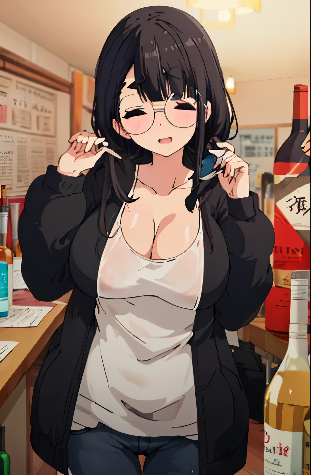 drink alcohol、Clothes are disheveled、Being drunk、glasses、nsfw、big breasts、I can see the cleavage