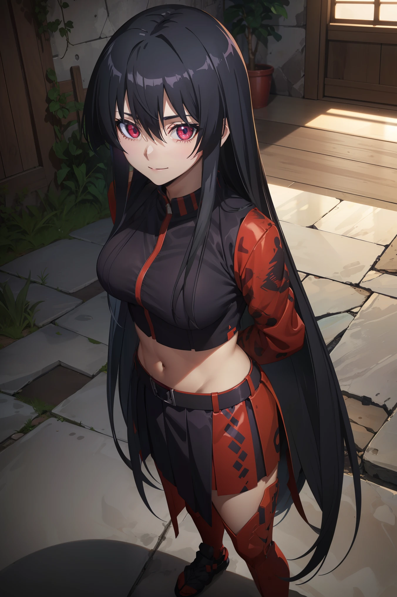 score_8_up, score_7_up, source_anime, Akame, 1girl, solo, black hair, long hair, (glowing red eyes:1.2),
BREAK (purple_clothes, ninja_clothes,navel:1.2),
BREAK full-length portrait,full entire body,arms behind back,cute smile,Front view,
BREAK (masterpiece:1.2), best quality, high resolution, unity 8k wallpaper, (illustration:0.8), (beautiful detailed eyes:1.6), extremely detailed face, perfect lighting, extremely detailed CG, (perfect hands, perfect anatomy),perfect face,