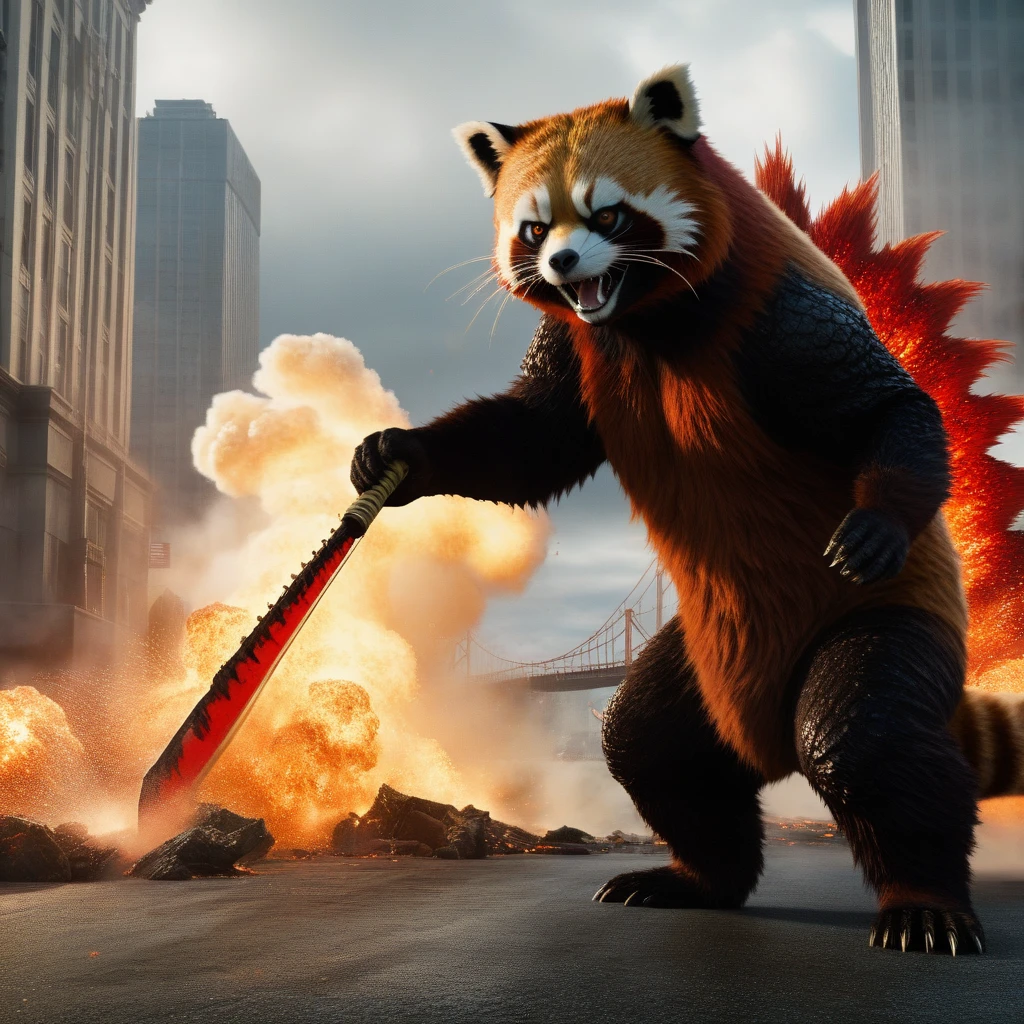 A shot from the movie "Godzilla" if the role of Godzilla was played by a red panda, pirate, panic, destruction, cinematic frame, high resolution, 32k