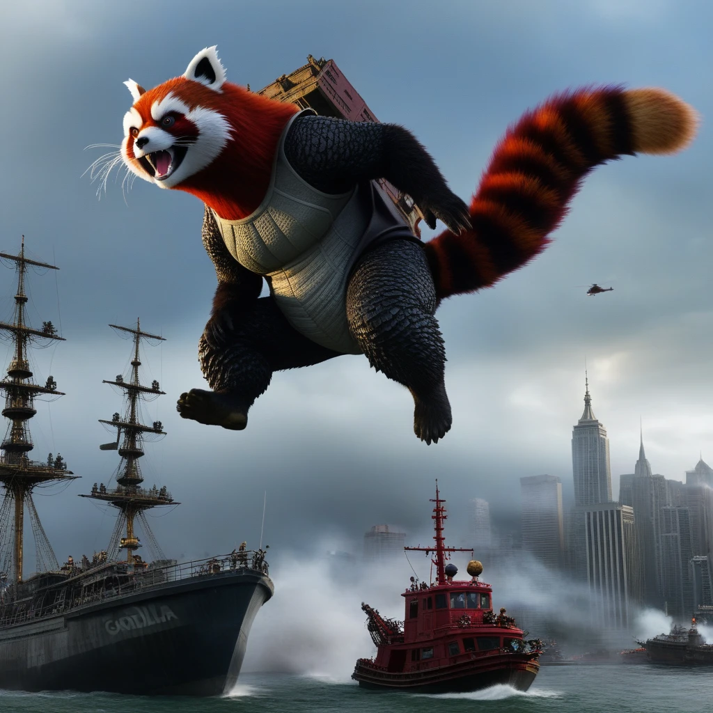 A shot from the movie "Godzilla" if the role of Godzilla was played by a red panda, pirate, panic, destruction, cinematic frame, high resolution, 32k