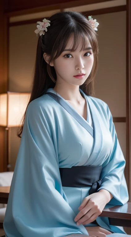 (Photoreal:1.4), (Top image quality:1.0), (超A high resolution:1.0), 8K, Raw photography, (masterpiece:0.2), (Pueros face_V1:0.5)、(最高quality Detail:1.2)、realistic、8k uh、High resolution、(1 girl:1.2)、超detailedな、High quality textures、intricate details、exposed thighs、big and full breasts、detailed、Very detailed CG、High quality shadows、detailed 美しく繊細な顔、Beautiful details and delicate eyes、Depth of the bounds written、ray tracing,1 girl, japanese girl, cute, thin, black kimono, Japanese pattern kimono,floral scrunchie, beautiful skin, facing the front,please sit down, sit straight「thank you」say,Make your hands look elegant,A faint smile on Japan's land,Japanese garden,luxurious Japanese room, sky porn, magic hour, (realistic:1.3), finely, quality, (table top:1.2), (realistic:1.2), (最高quality), (複雑なdetailed), dramatic, ray tracing, photograph, +roller