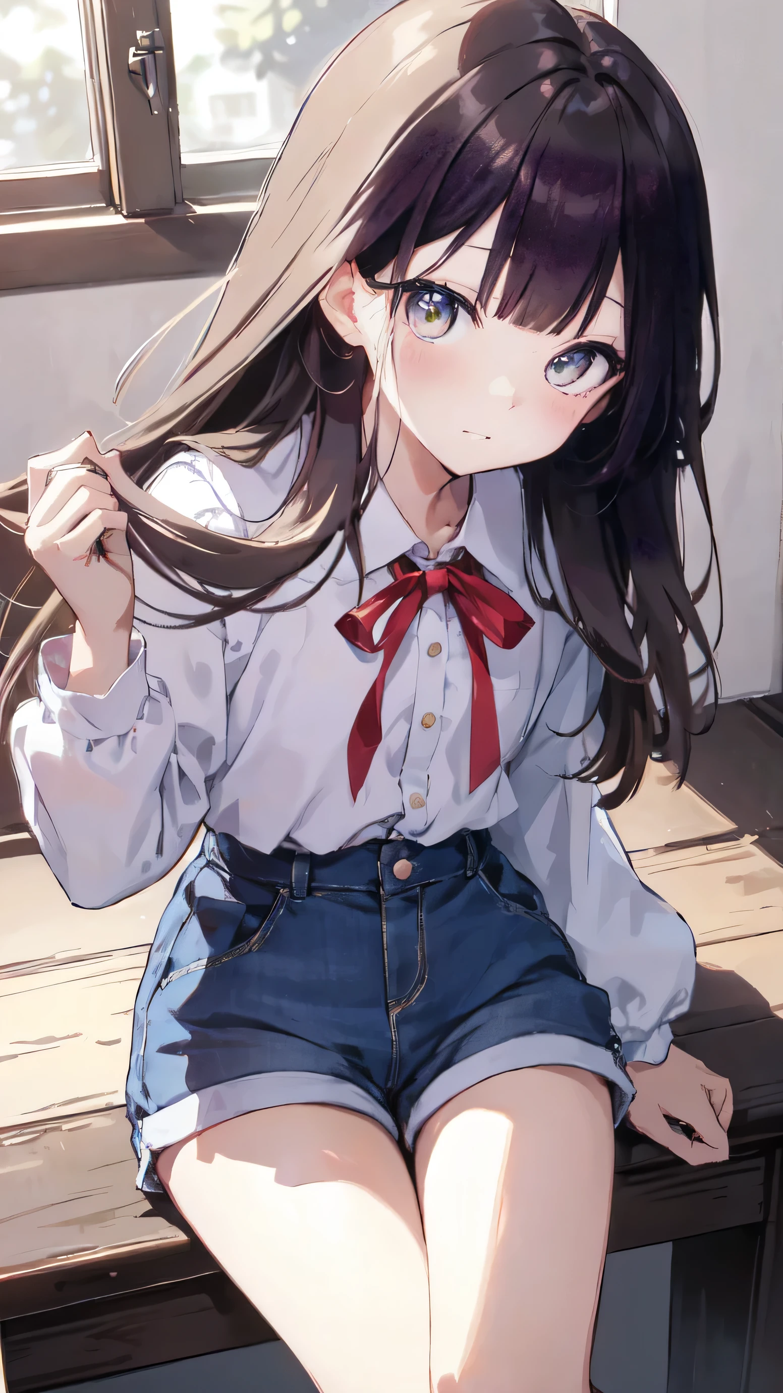 master piece、Highest image quality、highest quality、 ((panic))、glossy hair quality、small face、sitting、Super detailed and beautiful bright eyes、Super detailed clear and beautiful face、(cute illustration:1.2), High-resolution, ultra-detailed, best quality, embarrassed、(Gaps in shorts)、(cute underwear)