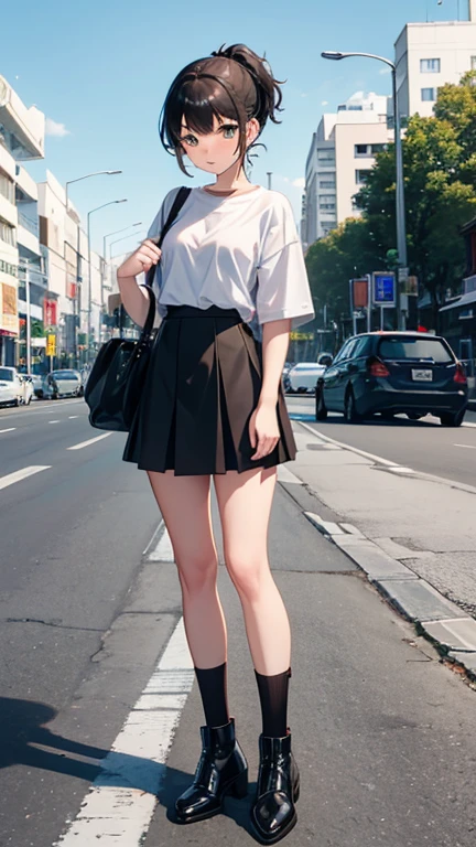 first place girl,Black double ponytail,green eyes,Cheerful,Wearing a white T-shirt,Short green skirt,Beige boots,panoramic,whole body,evening,Carrying a small bag,Standing next to the roadside sign