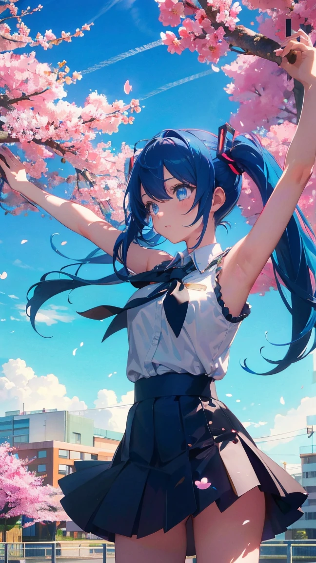 1 anime girl, alone,Black petals flutter, A mysteriously shining butterfly.city,Hatsune Miku,bright blue hair,bright blue jewel eyes,twin tails,thin legs,very clear,highest quality,close up of face,Many cherry blossoms dance in the sky,beautiful blue sky,School,school building,standing in the middle,scenic center,open your arms