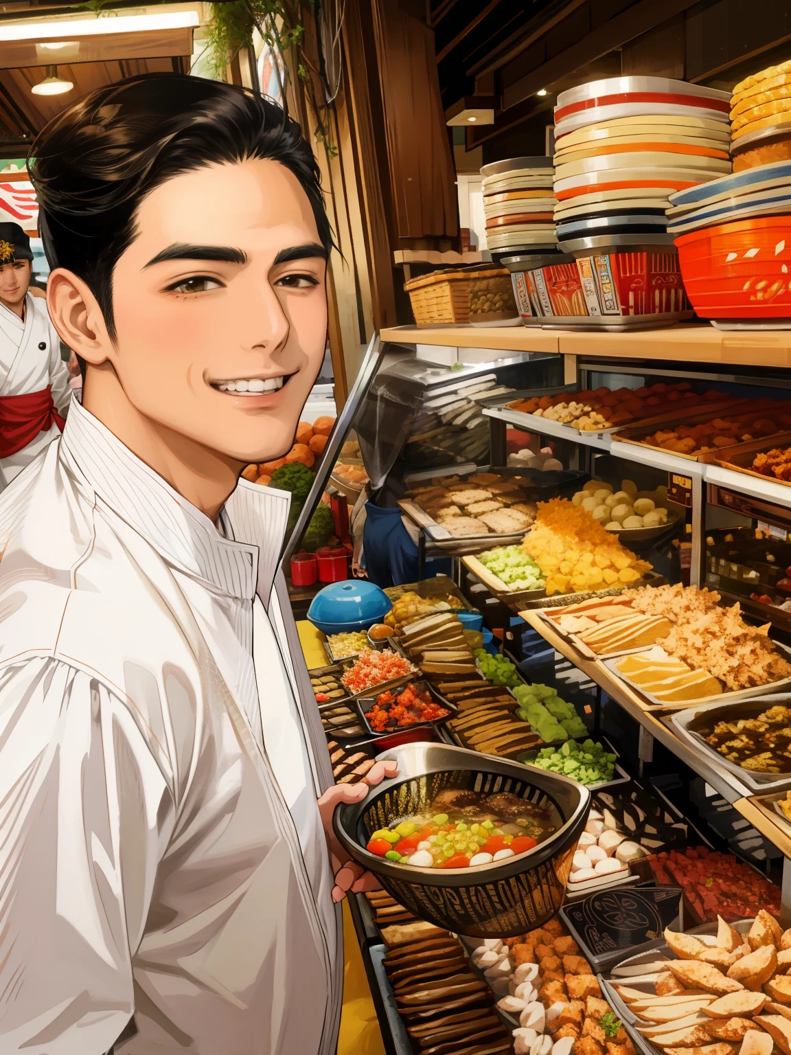 Anime young handsome man, An arafi man holding a bowl of food in front of a showcase, with street stalls, delicious, Handsome guy, by Dan Content, 非常にdelicious, Reddit post, market, hoang long ly, cover, beautiful man, stall