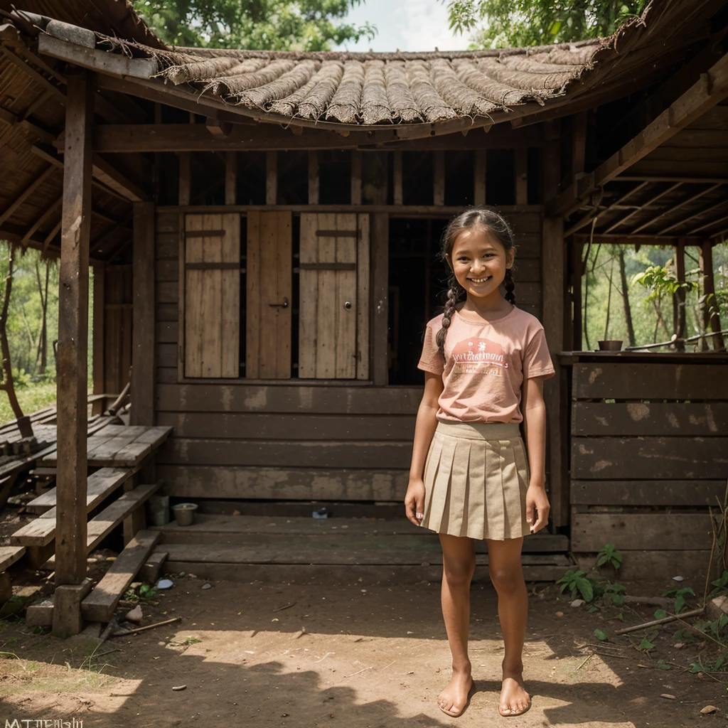 Realistic photo depicting 1 Indonesian girl, villager, poor girl, , wearing peach color t-shirt, wearing peach color pleated skirt, smiling, tiny and skinny body, short body, braided hair, standing and smiling by the old wooden cabin in a dark forest, facing the camera, full body, making it very realistic and detail