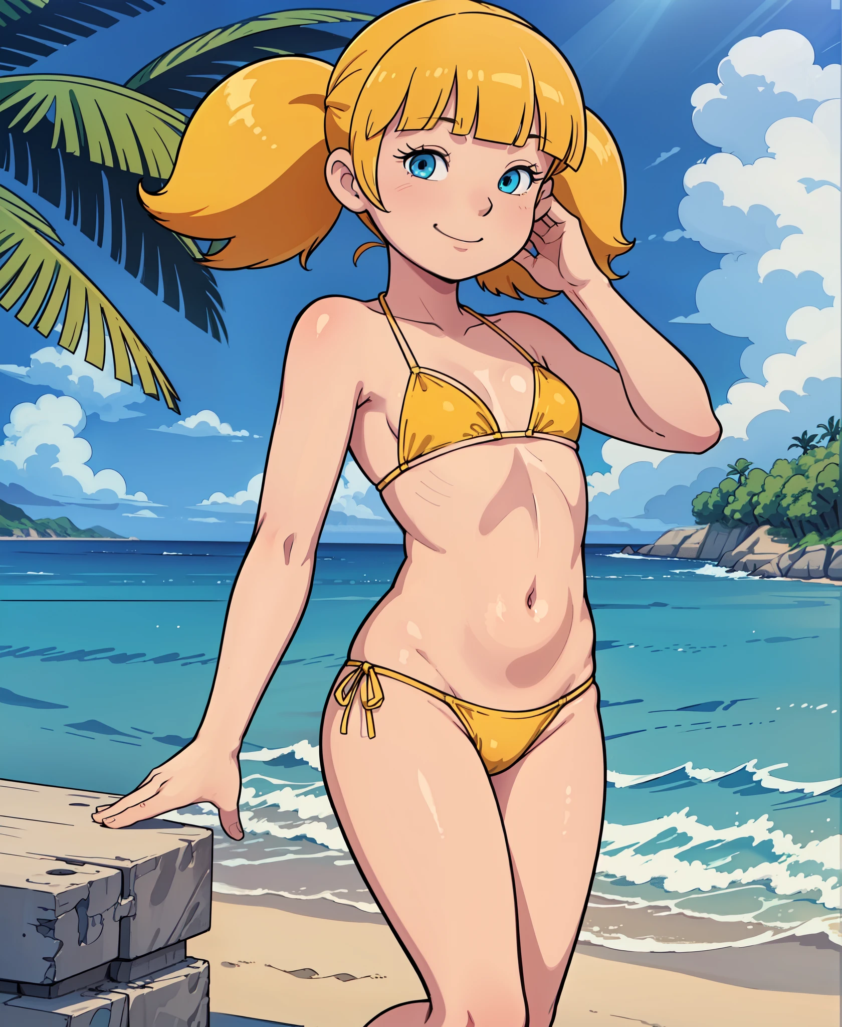 1girl, penny, blonde hair, twintails, blunt bangs, solo, detailed background, beach, ocean, sky, sunny,  chinese bikini, yellow bikini), smile, flat chest,, uploaded on e621, ((by Ricegnat, by Bebebebebe, by Prrrrrrmine, by Dagasi)),, masterpiece, best quality, (cinematic lighting:1.1), (perfect focus:1.1), 8k hd, photo, (detailed eyes:1.2), depth of field, subsurface scattering, wide , (, bright colors,  realistic, photorealistic, ultra realistic, realistic, photorealistic, sexy legs,