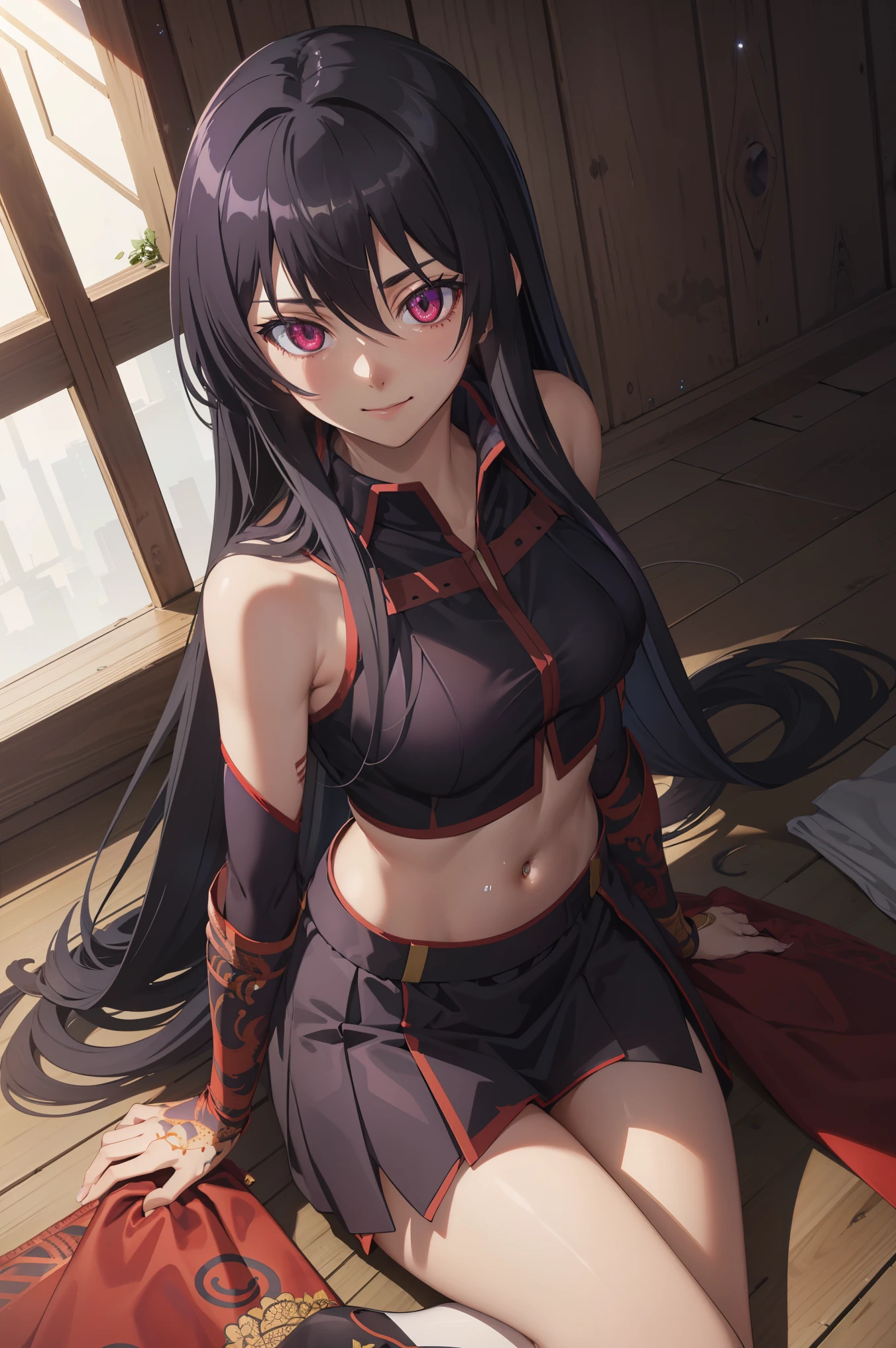 score_8_up, score_7_up, source_anime, Akame, 1girl, solo, black hair, long hair, (glowing red eyes:1.2),
BREAK (purple_clothes, ninja_clothes,navel:1.2),
BREAK full-length portrait,full entire body,arms behind back,cute smile,Front view,
BREAK (masterpiece:1.2), best quality, high resolution, unity 8k wallpaper, (illustration:0.8), (beautiful detailed eyes:1.6), extremely detailed face, perfect lighting, extremely detailed CG, (perfect hands, perfect anatomy),perfect face,