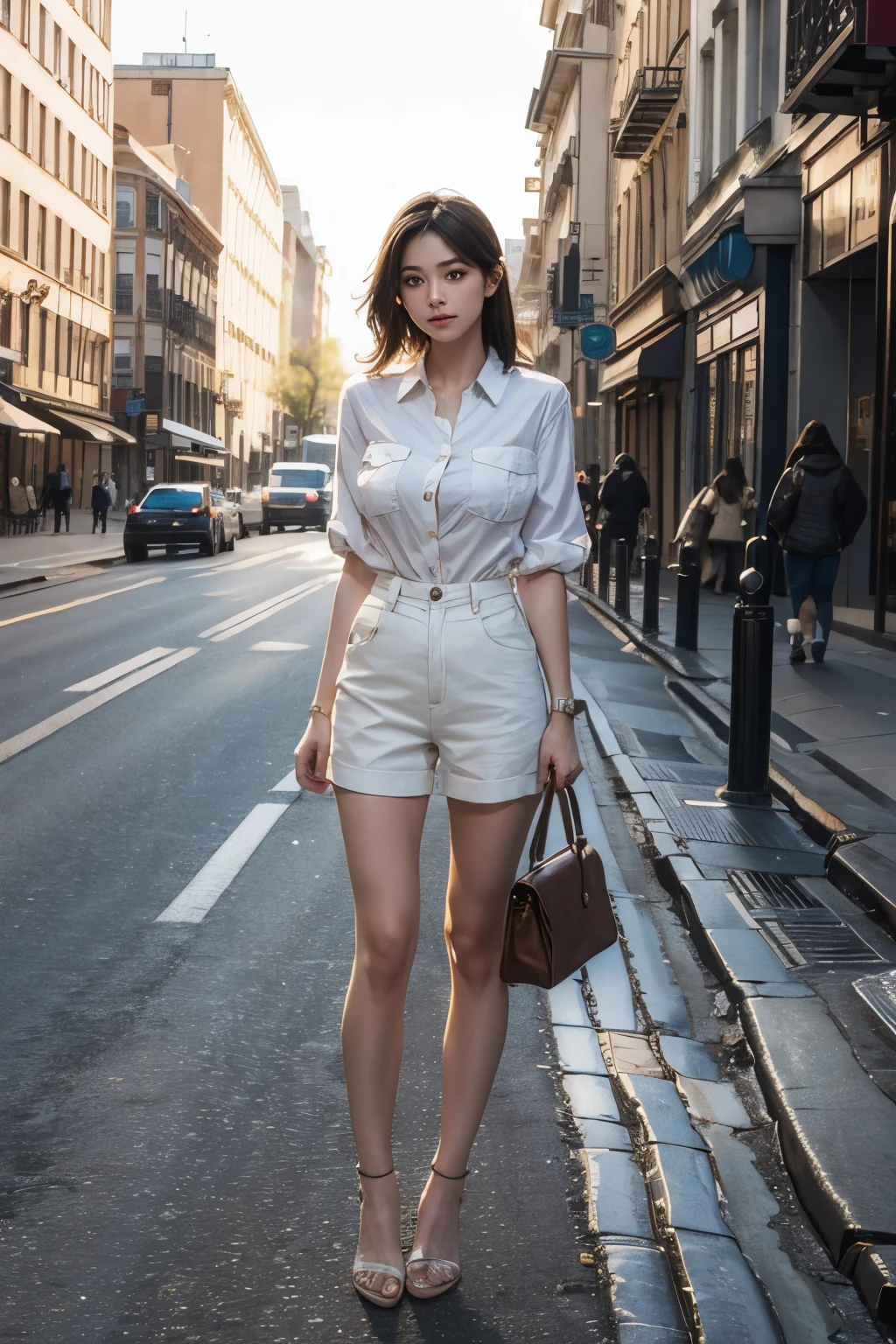 (masterpiece), (best quality), high resolution, 4K, girl, linen bodysuit, big breast, bare legs, sunny, stand, full body, posing