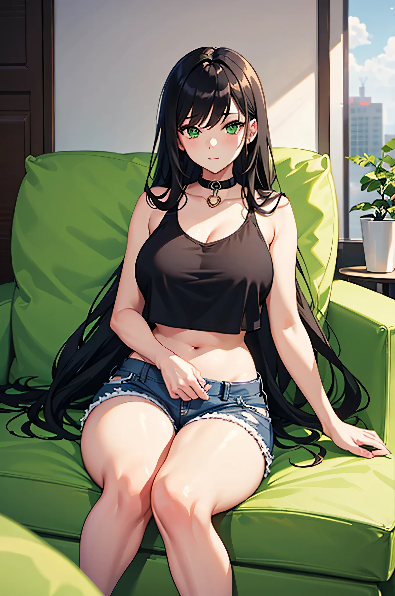 1 girl, Long black hair, deep green eyes,((beautiful face)), mature body, sitting on a couch, collar, white crop top, short jean shorts. thick thighs, breasts. anime style