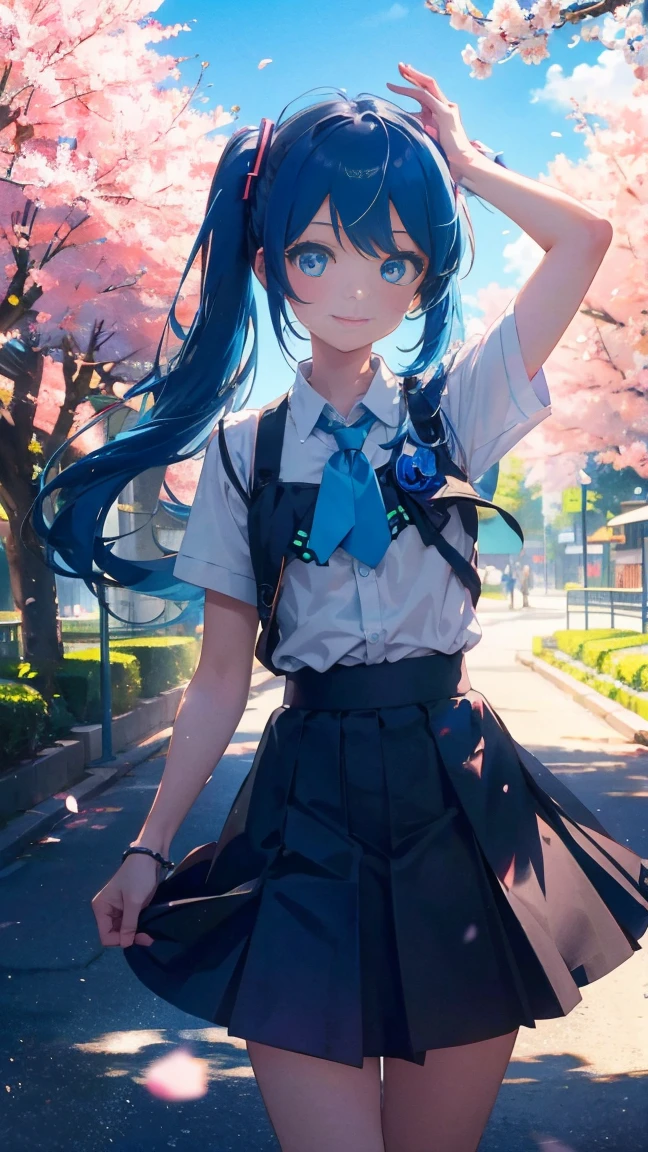 1 anime girl, alone,Black petals flutter, A mysteriously shining butterfly.city,Hatsune Miku,bright blue hair,bright blue jewel eyes,twin tails,thin legs,very clear,highest quality,close up of face,Many cherry blossoms dance in the sky,beautiful blue sky,School,school building,standing in the middle,scenic center,open your arms,smile