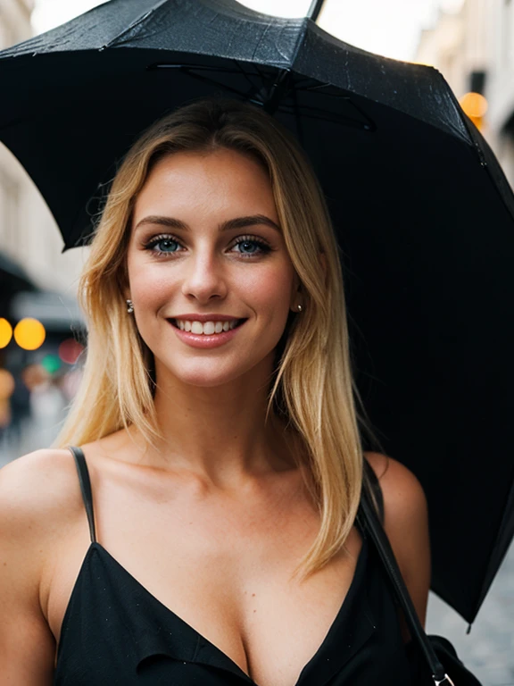 a closeup dark body shot photo of a blonde with perfect eyes, smile, dark background, full length image top to bottom visible, same face, waking in street with umbrella 