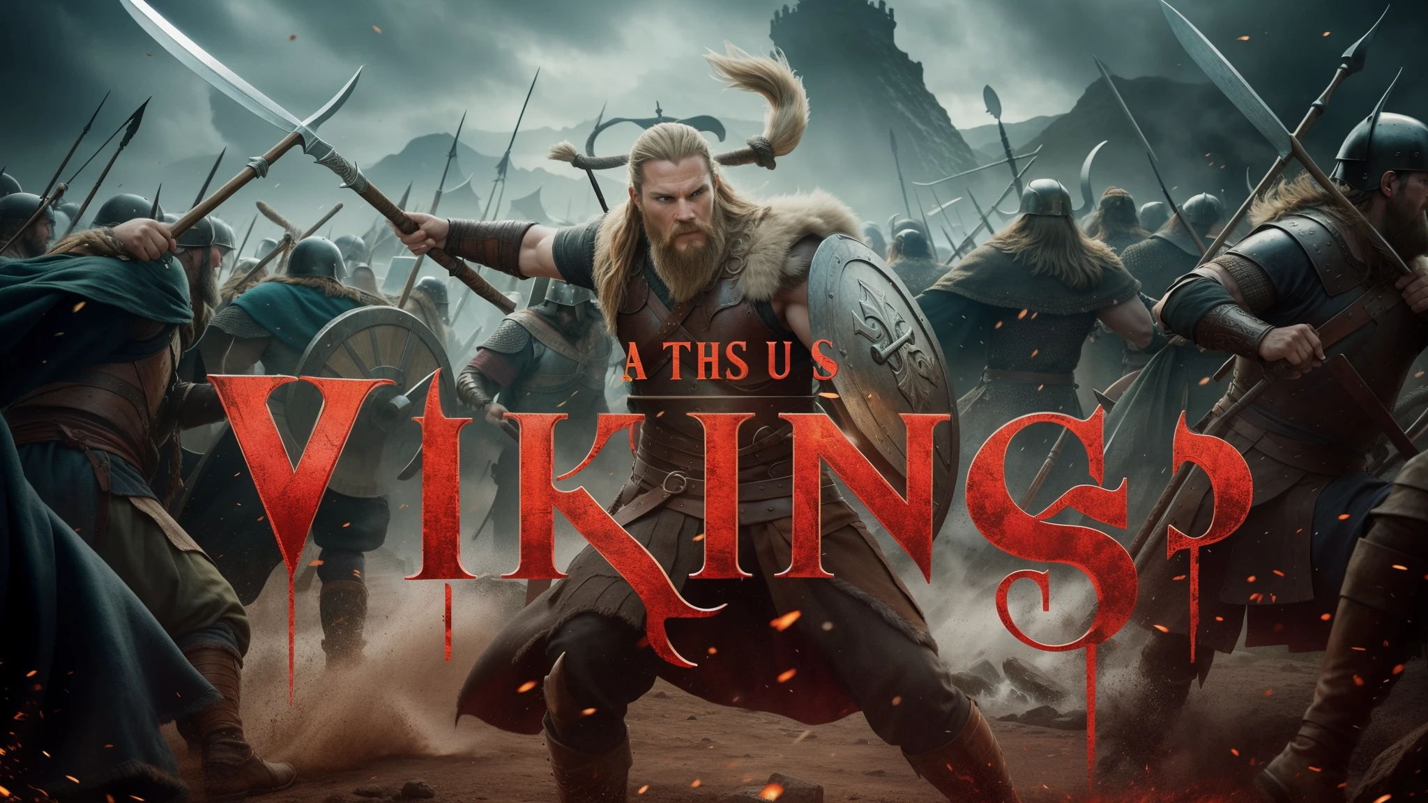 a poster for the movie Vikings, escrito "A era dos Vikings", rei viking, viking, epic rei viking, deus viking, viking heaven, by Luís Miranda, cultura viking, arte principal, Estilo Viking, guerreiro viking, 4k&#39;, limite de 8k, by Inacio Zuloaga, por Anato Finnstark, an epic viking battle scene, Cinematic epic 4K