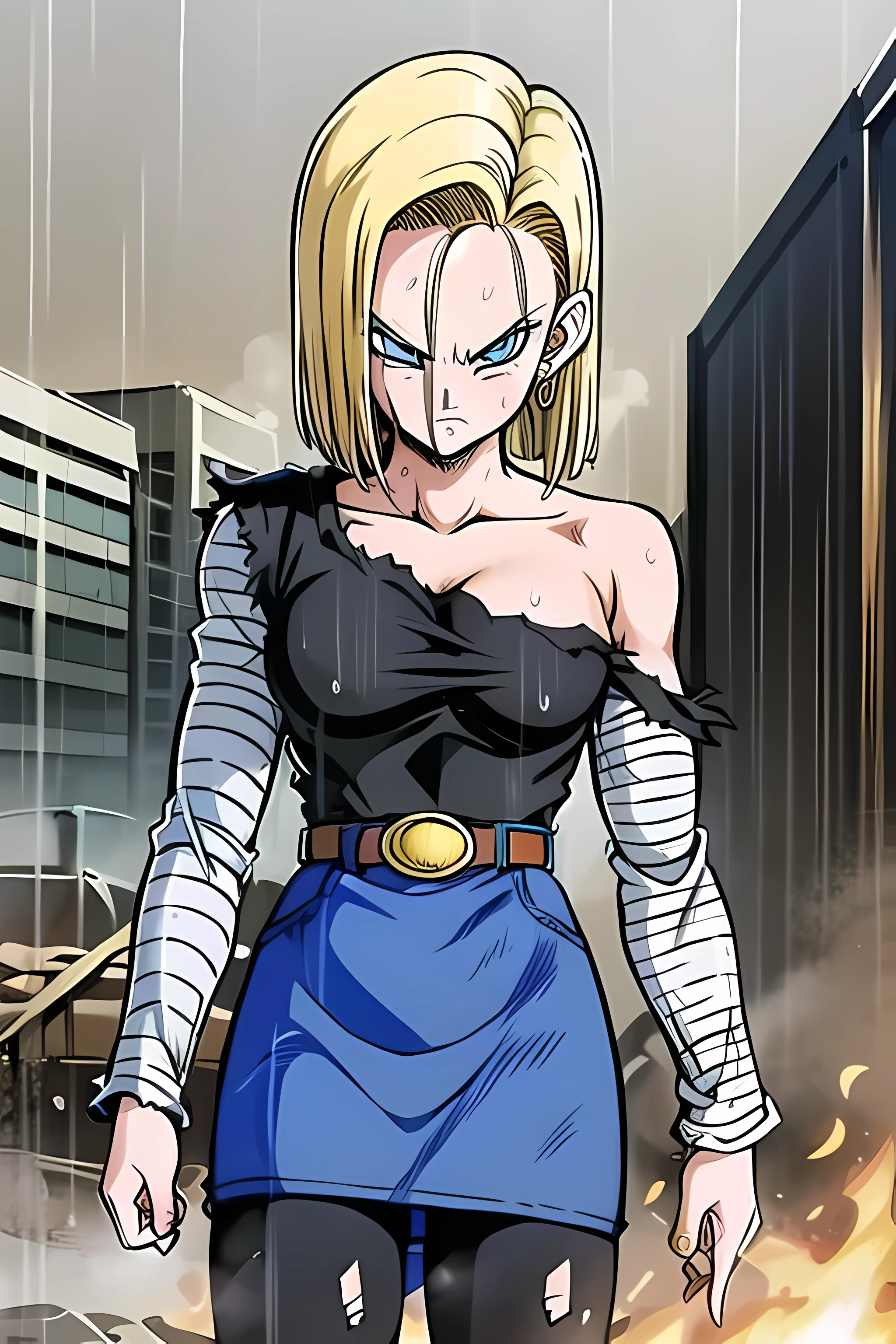 masterpiece, detailed face, 
android 18,  classic look, 1girl, solo, looking at viewer, short hair, blue eyes, blonde hair, collarbone, 
standing, arms by side, angry, cowboy shot, 
fire, smoke, ruined city, wet hair, rain, 
((torn shirt)), (bare shoulders), hoop earrings, black shirt, striped sleeves, belt, denim skirt, black pantyhose,
 thighs,