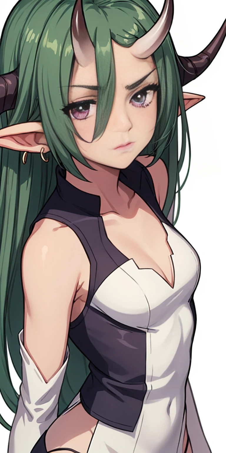 masterpiece, best quality, 4k, face close-up, portrait, 1girl, solo, beige hair, light green hair, pale green hair long hair, purple eyes, empty eyes, small breasts, (oni girl, oni horns, forehead horns), serious, neutral, white blouse, one piece blouse, medieval fashion, standing, arms behind back, looking at viewer, white background, simple background, transparent background