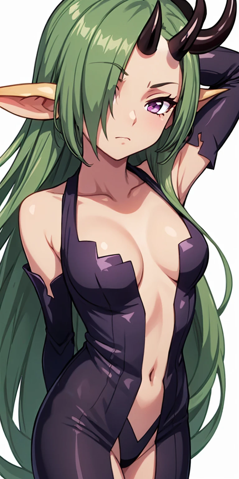 masterpiece, best quality, 4k, face close-up, portrait, 1girl, solo, beige hair, light green hair, pale green hair long hair, purple eyes, empty eyes, small breasts, (oni girl, oni horns, forehead horns), serious, neutral, white blouse, one piece blouse, medieval fashion, standing, arms behind back, looking at viewer, white background, simple background, transparent background