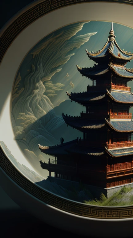 best quality, actual, photoactual,  Super detailed, "Huaguoshan+Fairy+Chinese architecture" Highly detailed engraving "Nanbing" porcelain,super wide angle,Accent lighting,Volumetric lighting,backlight, (detail light),((extremely delicate and beautiful)),dramatic_shadow,Rays_track,high dynamic range