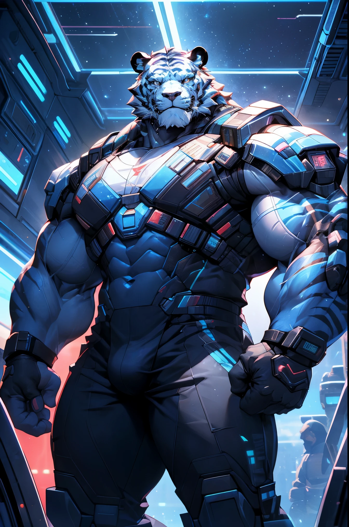 muscular white tiger, Large pecs, Heavyweight, Bodybuilder figure, Wearing cyberpunk mechs, dress, There is a big bulge in the crotch， Gaze at the Milky Way from a spaceship, in the universe, Bright smile emoticon, sparkling skin, bright colors, 4K, realism, Cool Lights