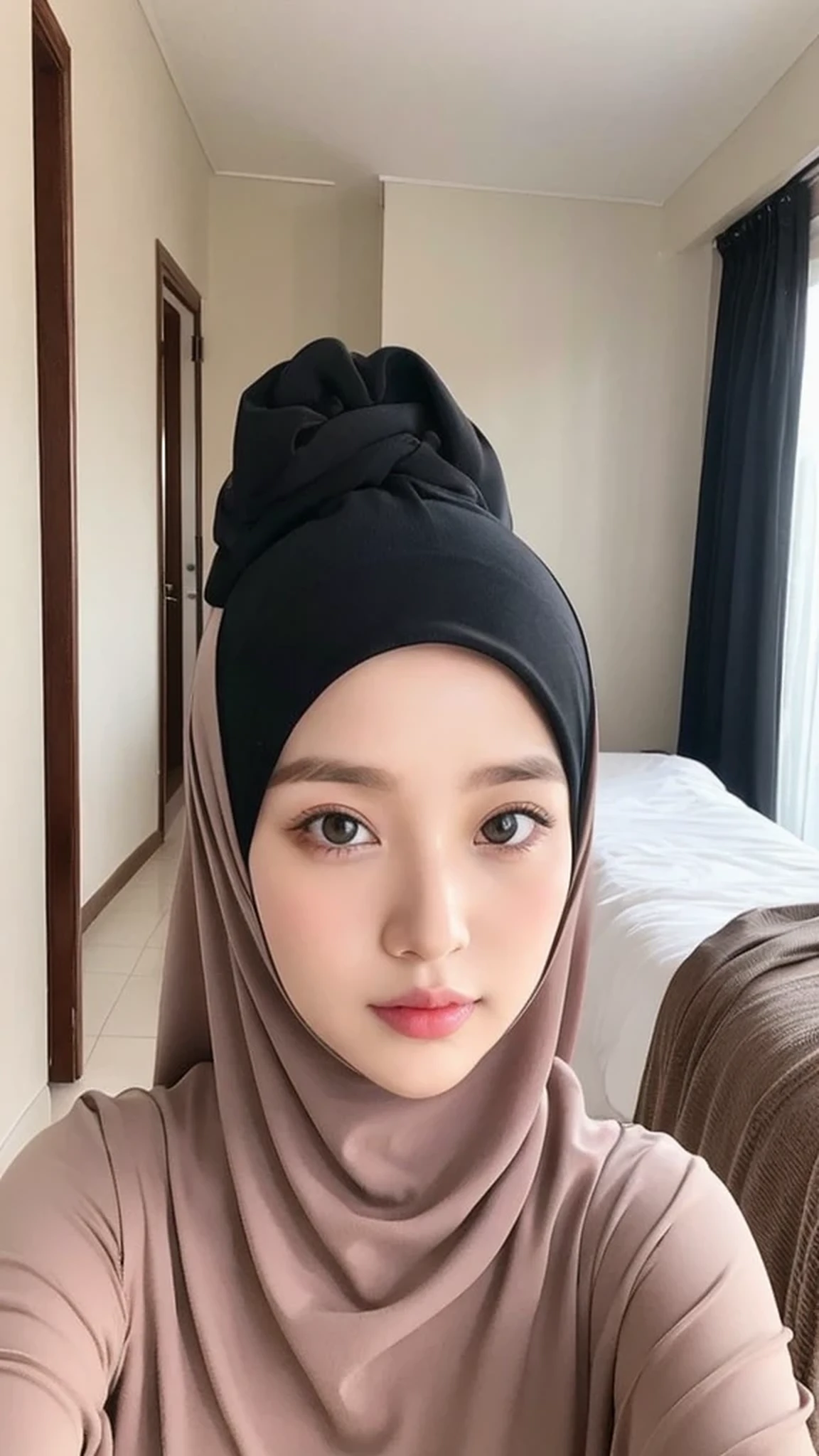 Beautuful Women、hijab, indonesian, realistic, a room、selfee、White Room、The face is cute、Vanrak Ayyans appears. beautiful、alone