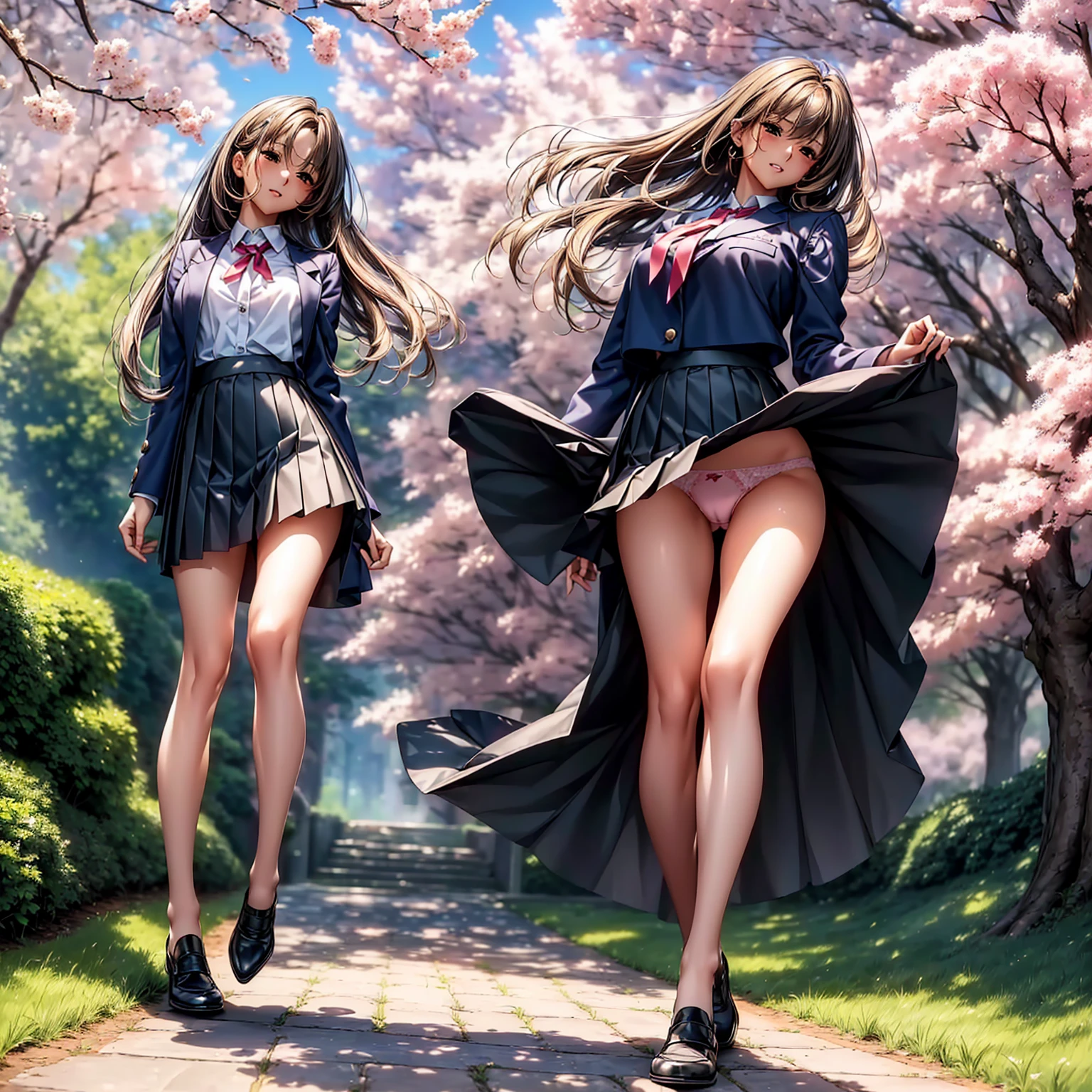 (((highest quality、masterpiece、very high resolution、High-definition images)))、beauty painting、One strong-willed beautiful girl:18-year-old、beautiful body:Slender Beautiful Breasts、beautiful face:smile、eyes with strong will,beautiful hair:various hairstyles 、(best skin and hair texture)、((high school uniform:blouse:ribbon:blazer:pleated skirt、beautiful legs))、beautiful park、beautiful cherry blossoms、stone steps、beautiful sky、Natural light、beautiful scenery、beautiful pose、model shoot、(((The wind blows and flips my skirt:Panties are exposed))),She turns her back and looks back,she sticks out her butt,Angle looking up from below,I can see inside the skirt(((I can see your panties))),accurate image:1.5、accurate anatomy:1.5、Image without defects、perfect image、Overall image、(best shot、Raw photo: 1.2)